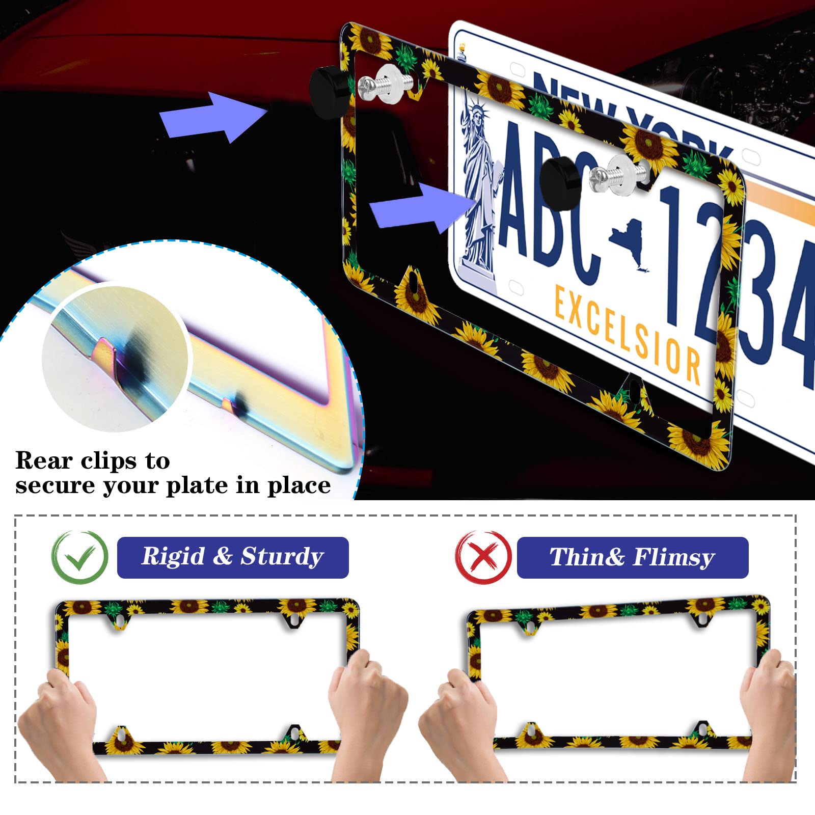 ?2Pcs? Sunflower Flowers Green Leaves Watercolor License Plate Frame Stainless Steel Car License Plate Frame Accessory Car Plate