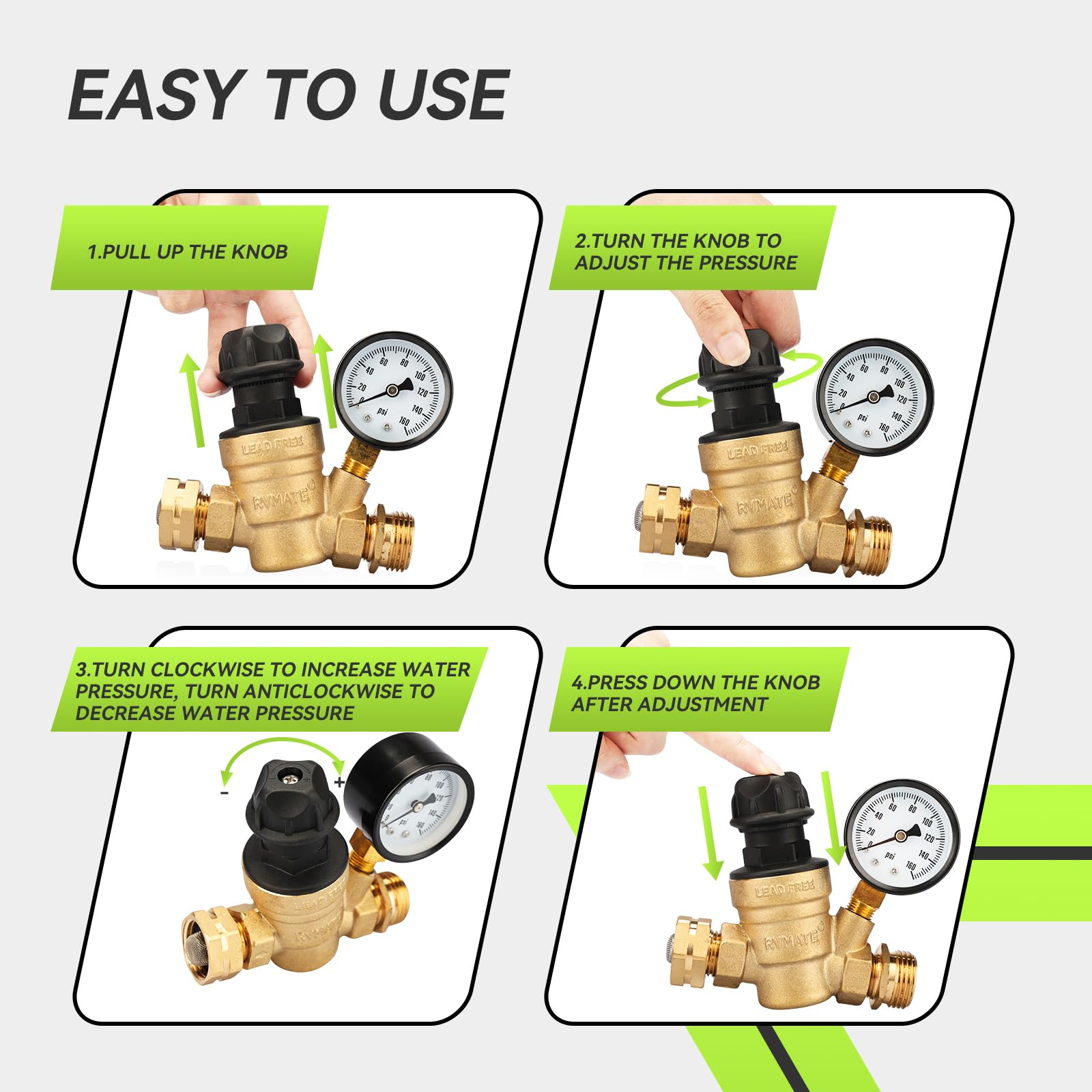Rvmate Rv Water Pressure Regulator With Adjustable Knob, Brass Lead-Free Water Pressure Reducer Kit, Adjustable Valve With Inlet