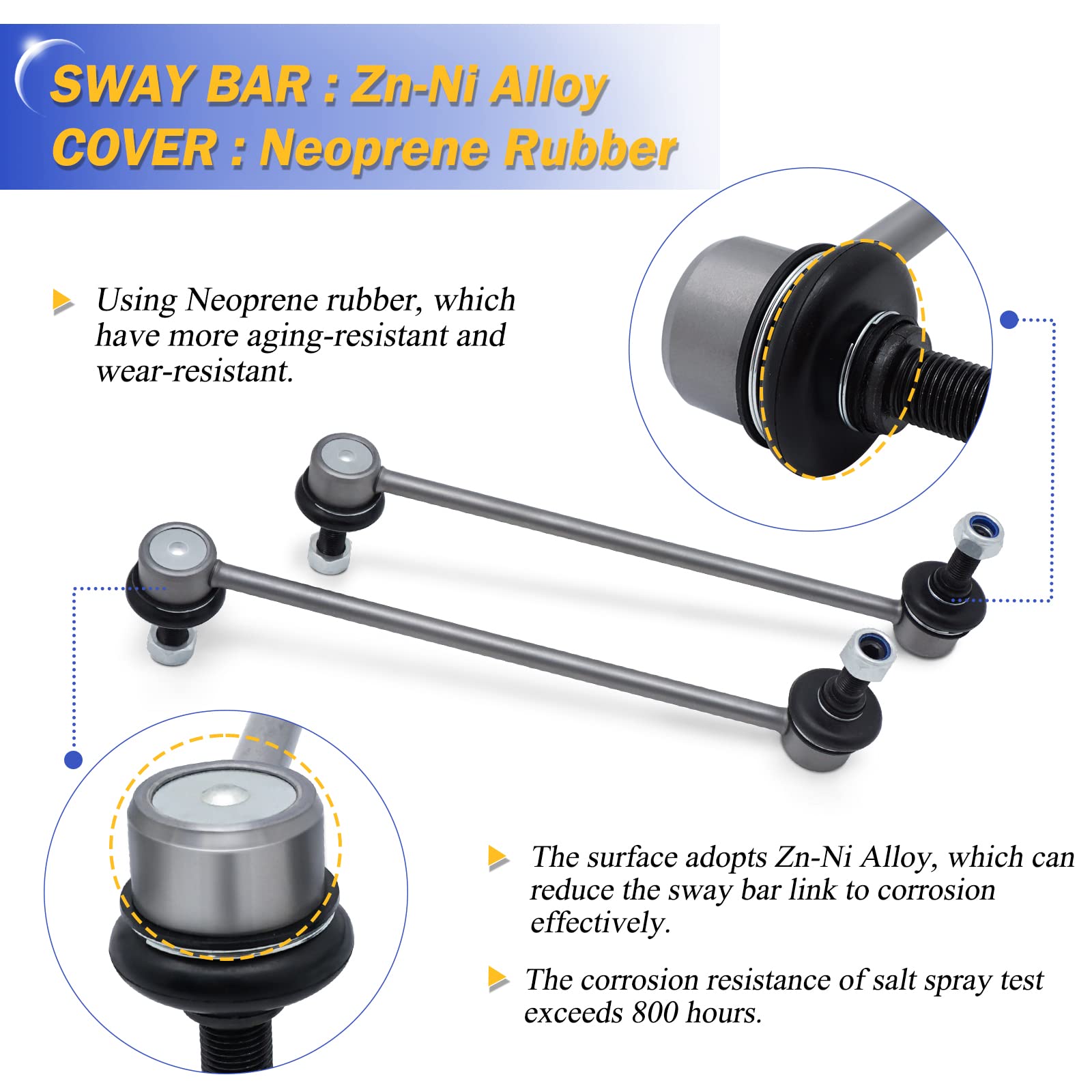 10.63 Zinc-Nickel Alloy Front Left & Right Stabilizer Sway Bar Links For Hyundai Azera 12-17, ­Sonata 12-15, Kia Cadenza 14-16, Optima 12-16 54830-3Q000