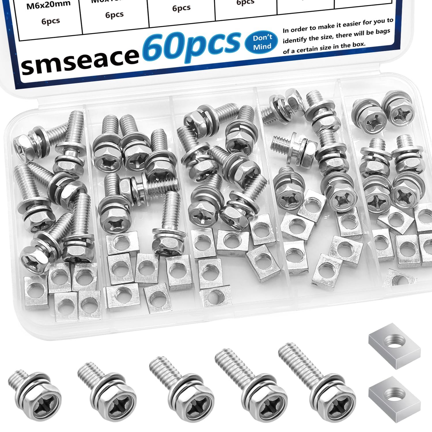 Smseace 60Pack 5-Sizes 304 Stainless Steel Battery Bolts And Nuts M6X10/12/16/18/20Mm Atv Battery Bolt Motorcycle Battery Termin