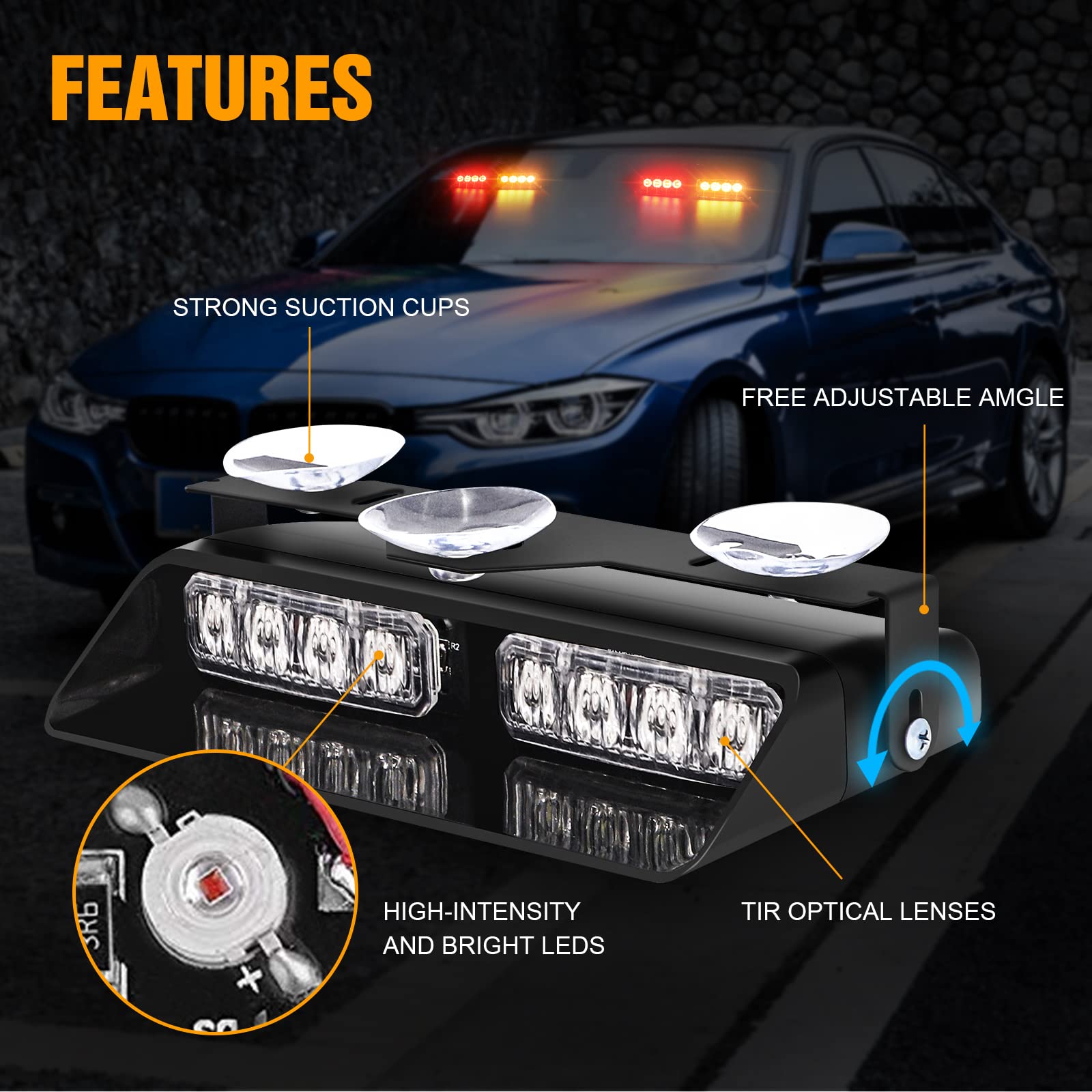 Xridonsen 2 In 1 Dash Emergency Strobe Lights Interior Windshield Lights Red Amber Warning Safety Flash Law Enforcement W/Suction Cups For Volunteer Police Vehicles, Trucks (2×7.16 Inch, 16 Led)