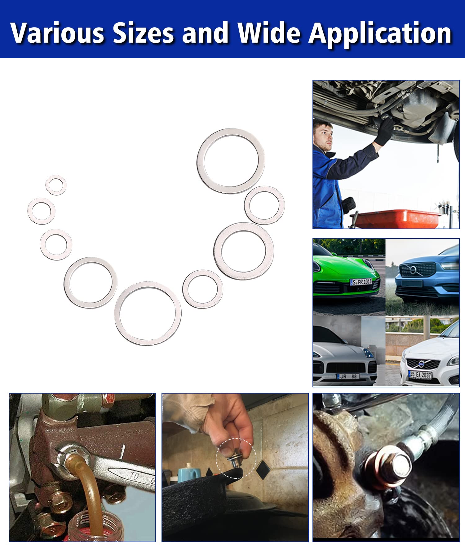 Crush Washer Oil Drain Plug - 568 Pieces 18 Sizes Aluminum Automotive Engine Oil Pan Drain Plug Gasket Assortment Kit (M6 M8 M10 M12 M14 M16 M18 M20 M22 M24)