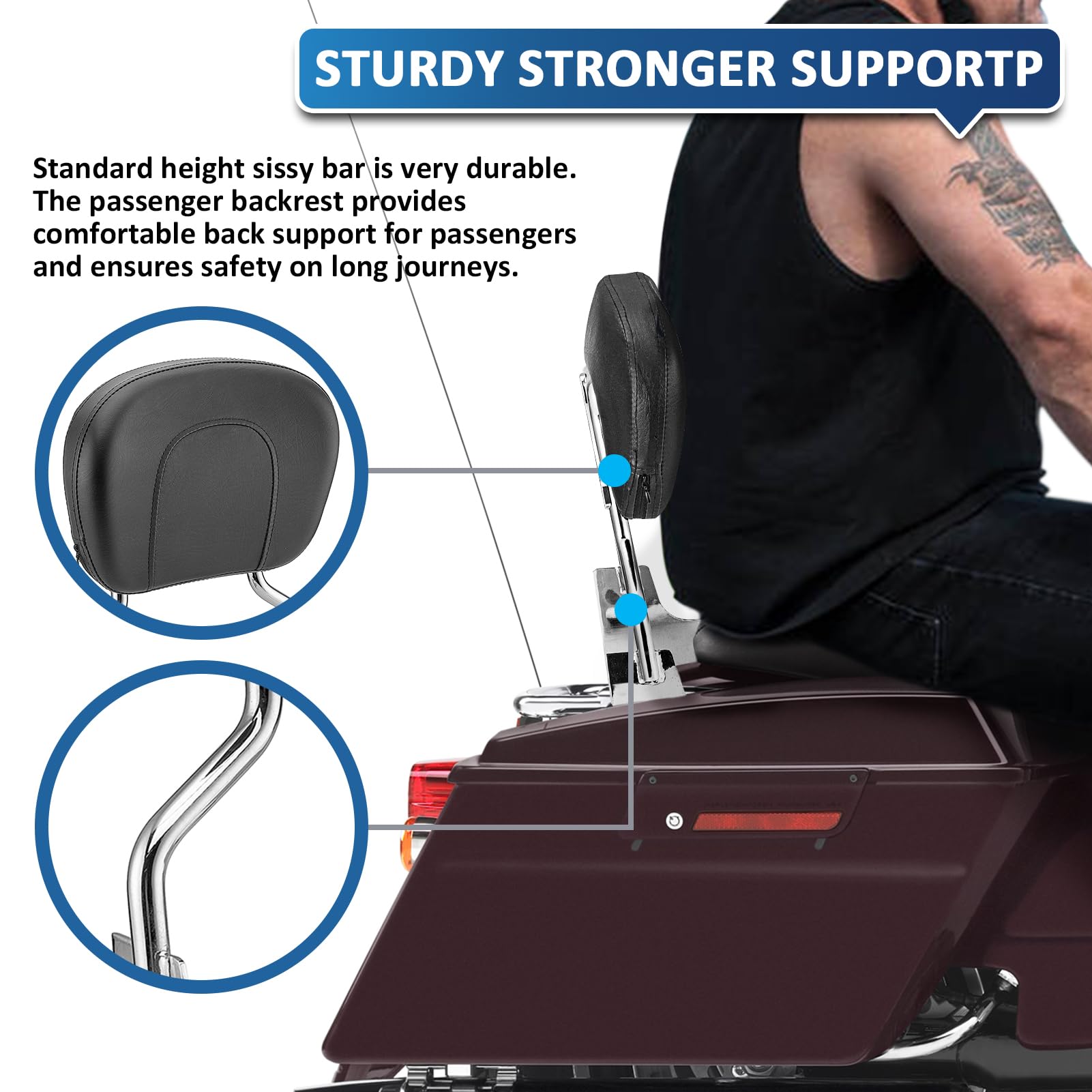 Detachable Sissy Bar Passenger Backrest With 4-Point Docking Hardware Kit Compatible With Harley Touring Electra Glide Road King Street Glide 1997-2008