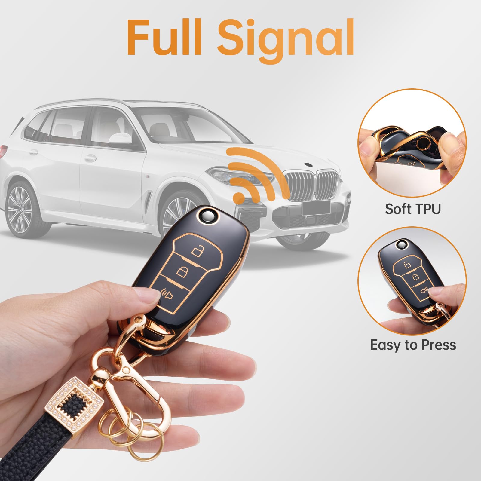 CACARLIKE for Ford Key Fob Cover with Leather Lanyard, Car Key Fob Case Compatible with Ford F150 F250 F350 F450 F550 Explorer R