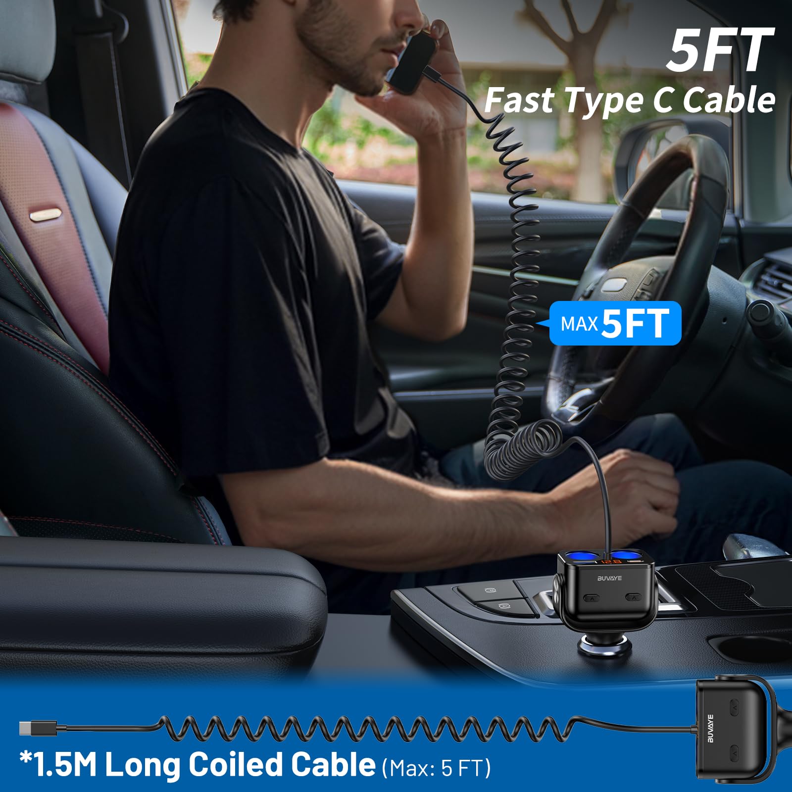 5 In 1 Cigarette Lighter Splitter With 5Ft Coiled Cable, 2-Socket Cigarette Lighter Adapter, Dual Car Charger Splitter, 12V/24V