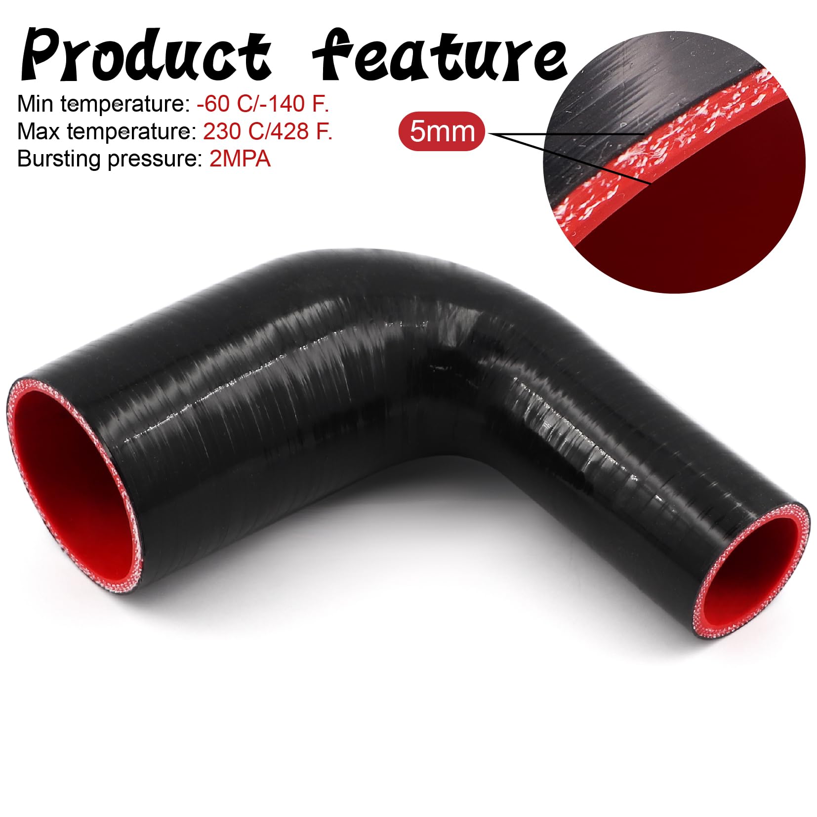 TuoLauthon ID 1.5 '' to 2.5 '' 90 Degree Elbow Coupler Reducer Silicone Hose with 2 T-Bolt Clamps for Turbo/Intercooler/Intake P