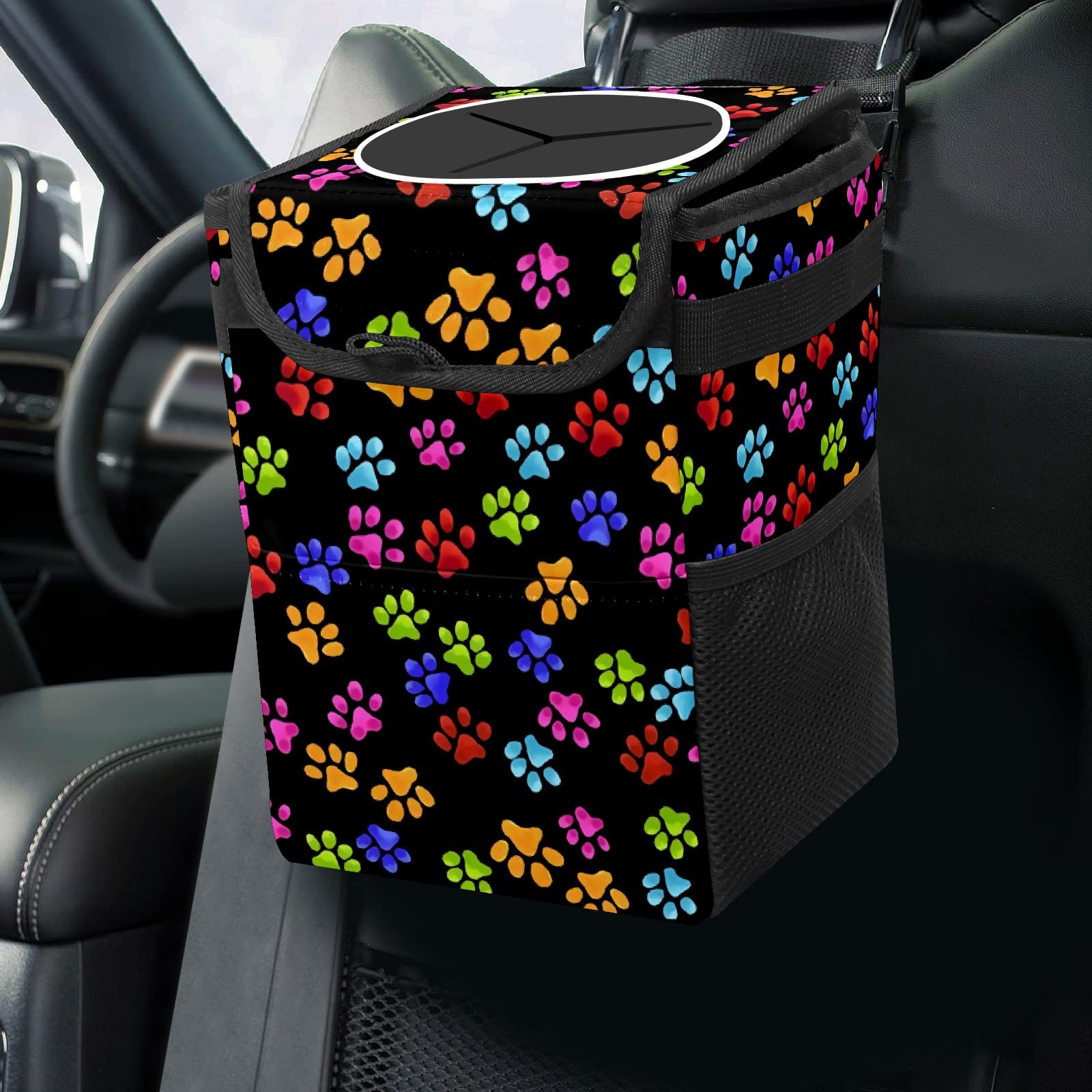 Gactivity Paws Cat And Dog Print Car Trash Can With Lid Collapsible Reusable Waterproof Car Garage Bag,Automotive Garbage Can,Car Accessories Interior Car Organizer