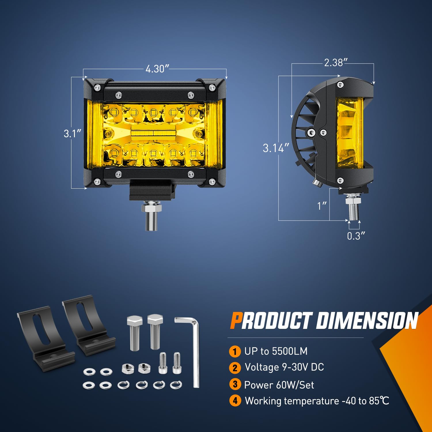 Nilight Side Shooter Led Light Bar 2Pcs 4.3Inch Triple Row Spot Flood Combo Yellow Beam Led Light With 5Pin Rocker Switch Wiring