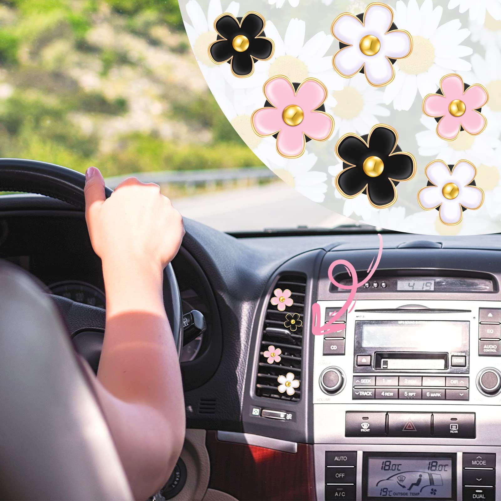 Frienda 6 Pcs Daisy Flower Air Vent Clip Air Freshener Outlet Clip Car Air Conditioning Clip Charm Car Inter Decor(Black, Pink,