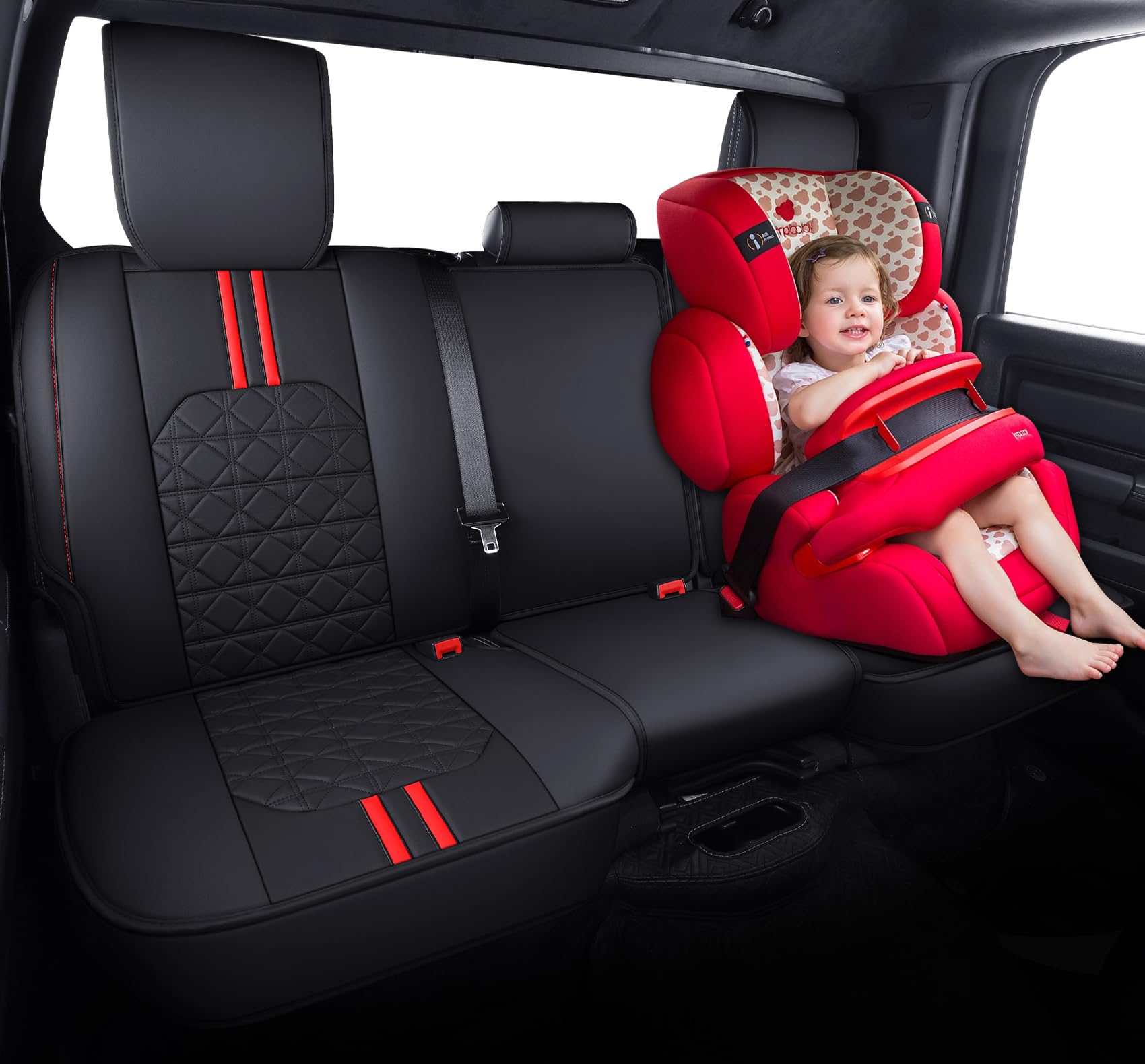 Yiertai Ram Seat Covers Fit For 2009-2023 2024 1500Hd 2010-2024 2500/3500Hd Pickup Rear Seat Cover Crew Double Cab Quad Cab Waterproof Faux Leather Seat Covers(1 Rear Seat Cover/Black-Red)