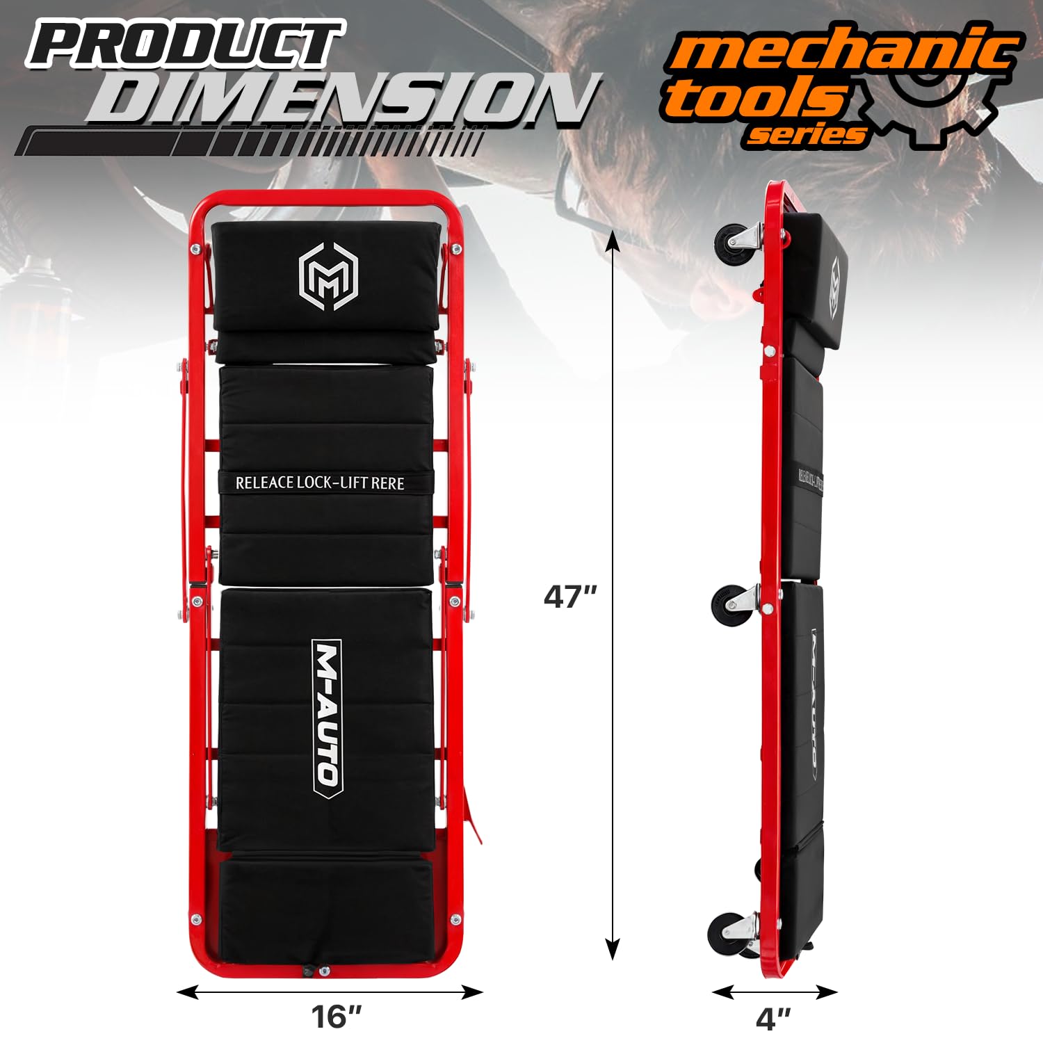 M-AUTO Heavy-Duty Convertible Mechanic Creeper & Seat, 48" Red, 2-in-1 Z-Creeper with Adjustable Headrest & 7 Swivel Casters