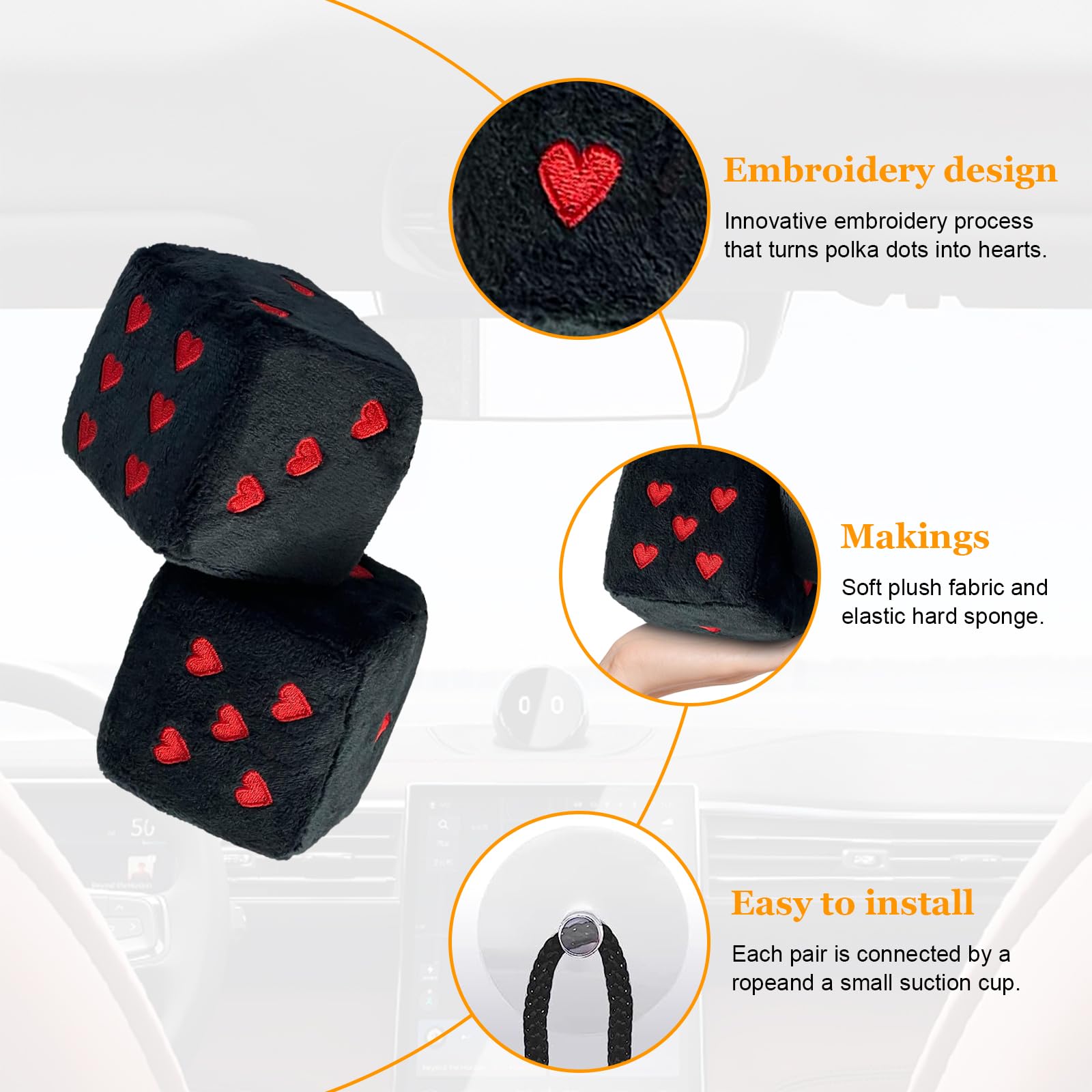 Ziciner Pair Fuzzy Plush Dice for Car Mirror, 3'' Retro Square Dice with Heart-Shape, Universal Auto Rearview Mirror Hanging Orn
