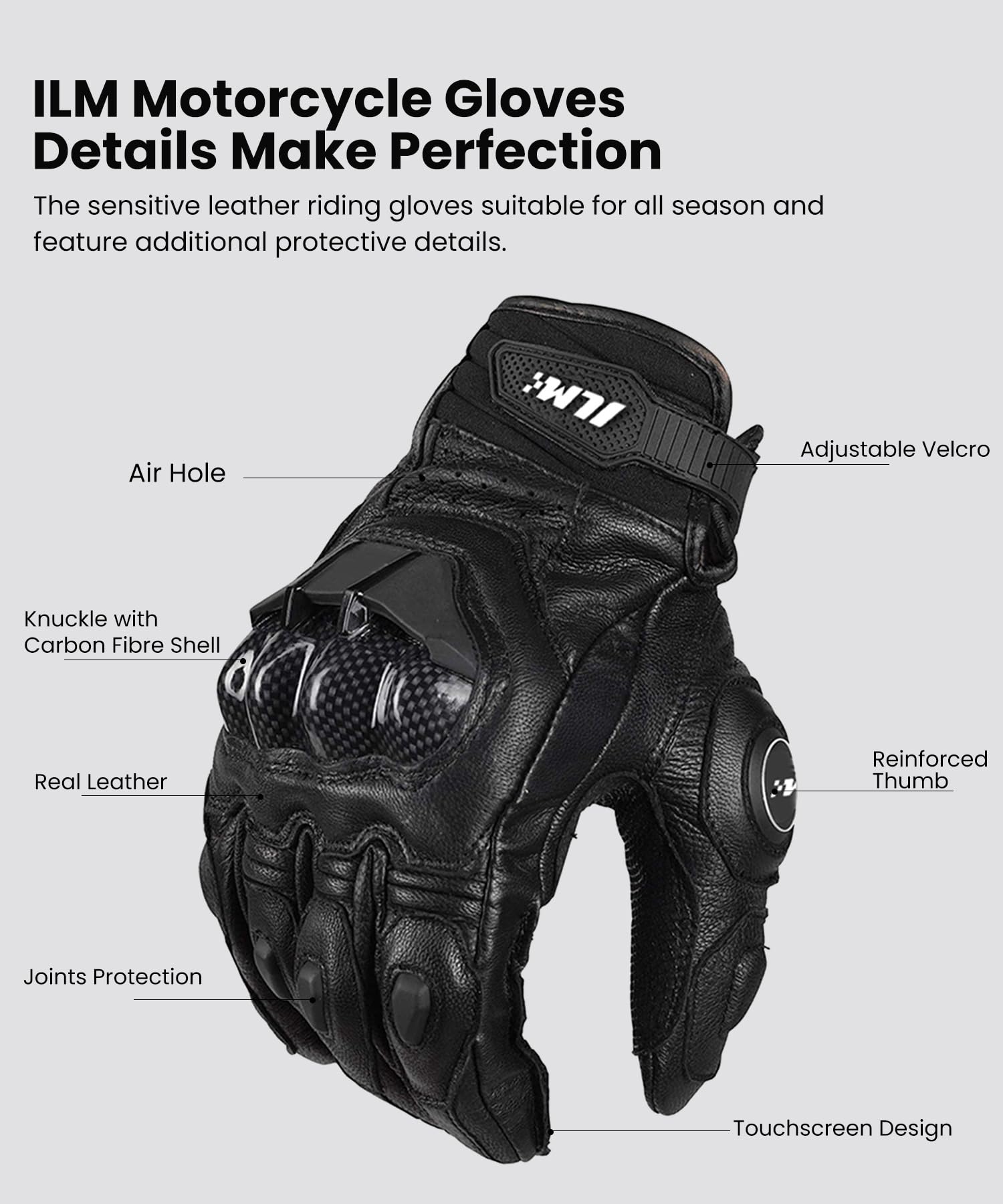 Ilm Air Flow Leather Motorcycle Gloves Touchscreen For Men And Women Model-Grc01 (L, Black)