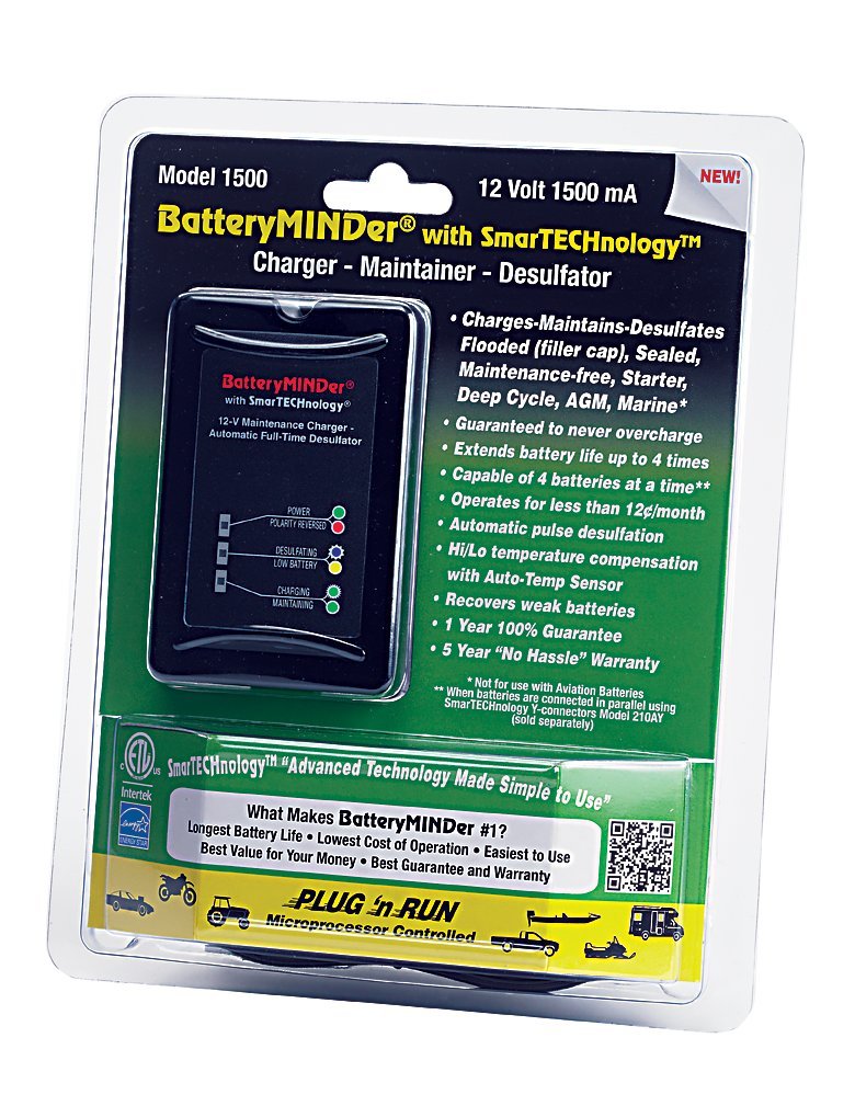 BatteryMINDer 1500: 12 Volt-1.5 AMP Battery Charger, Battery Maintainer, and Battery Desulfator with SmartTECHnology - Designed for Cars, Trucks, Boats, Motorcycles, Snowmobiles, Jet Skis, Golf Carts