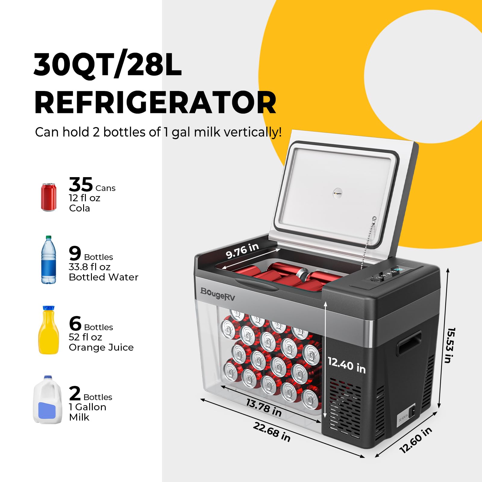 Bougerv 12 Volt Refrigerator 12V Car Fridge 30 Quart Portable Freezer Compressor Cooler Compressor Freezer, 12/24V Dc 110~240V Ac, -7?~50? For Truck Rv Suv (Black)