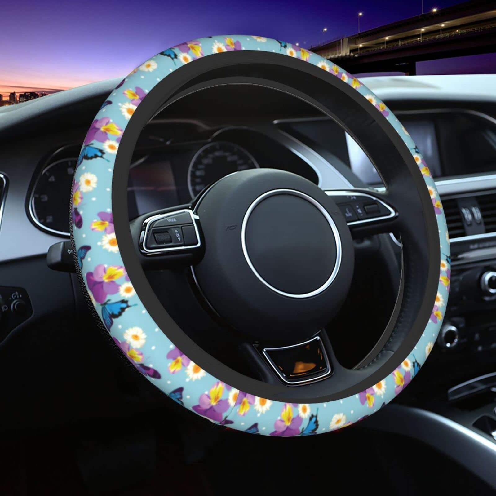 Blue Butterfly Steering Wheel Cover for Women Men with 2 Pcs Car Coasters, Universal 14.5-15 Inch Cute Steering Wheel Covers Non