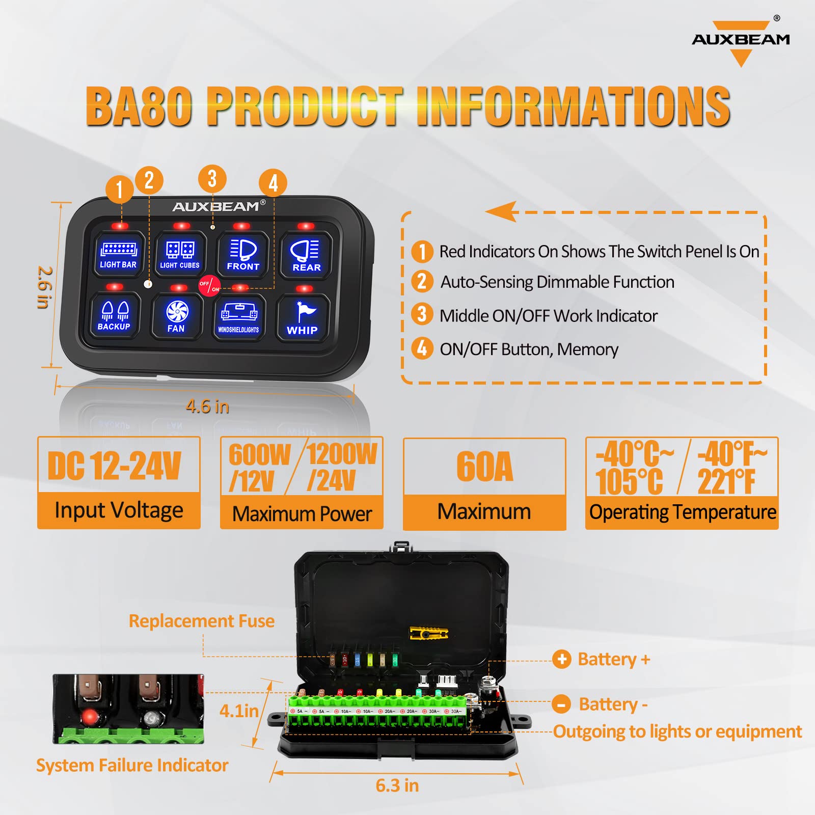 Auxbeam 8 Gang Switch Panel Ba80, Universal Circuit Control Relay System Box With Automatic Dimmable On-Off Led Switch Pod Touch