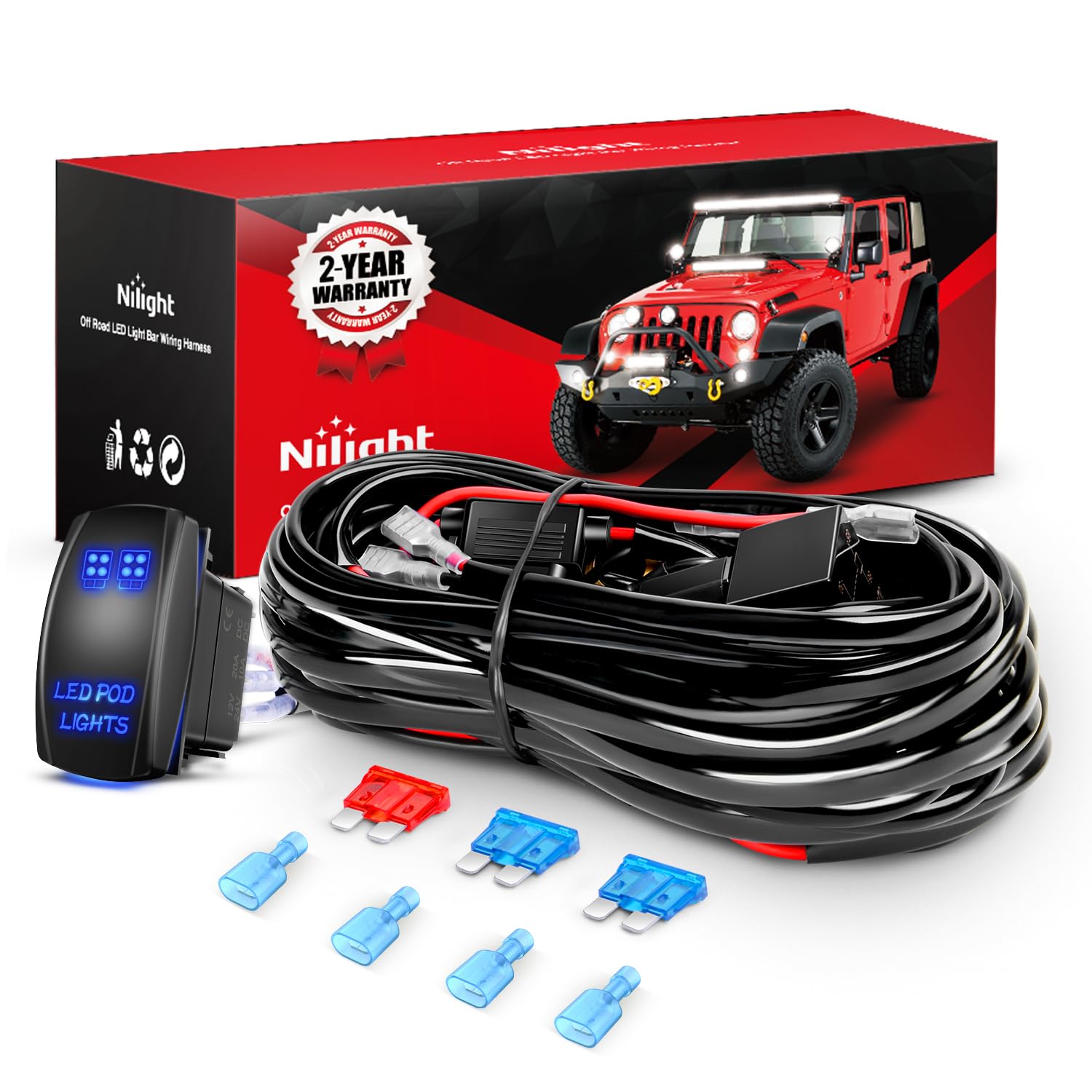 Nilight 16Awg Led Pod Lights Wiring Harness Kit Led Light Bar 12V 5Pin Rocker Switch Laser On Off Waterproof Toggle Switch Power