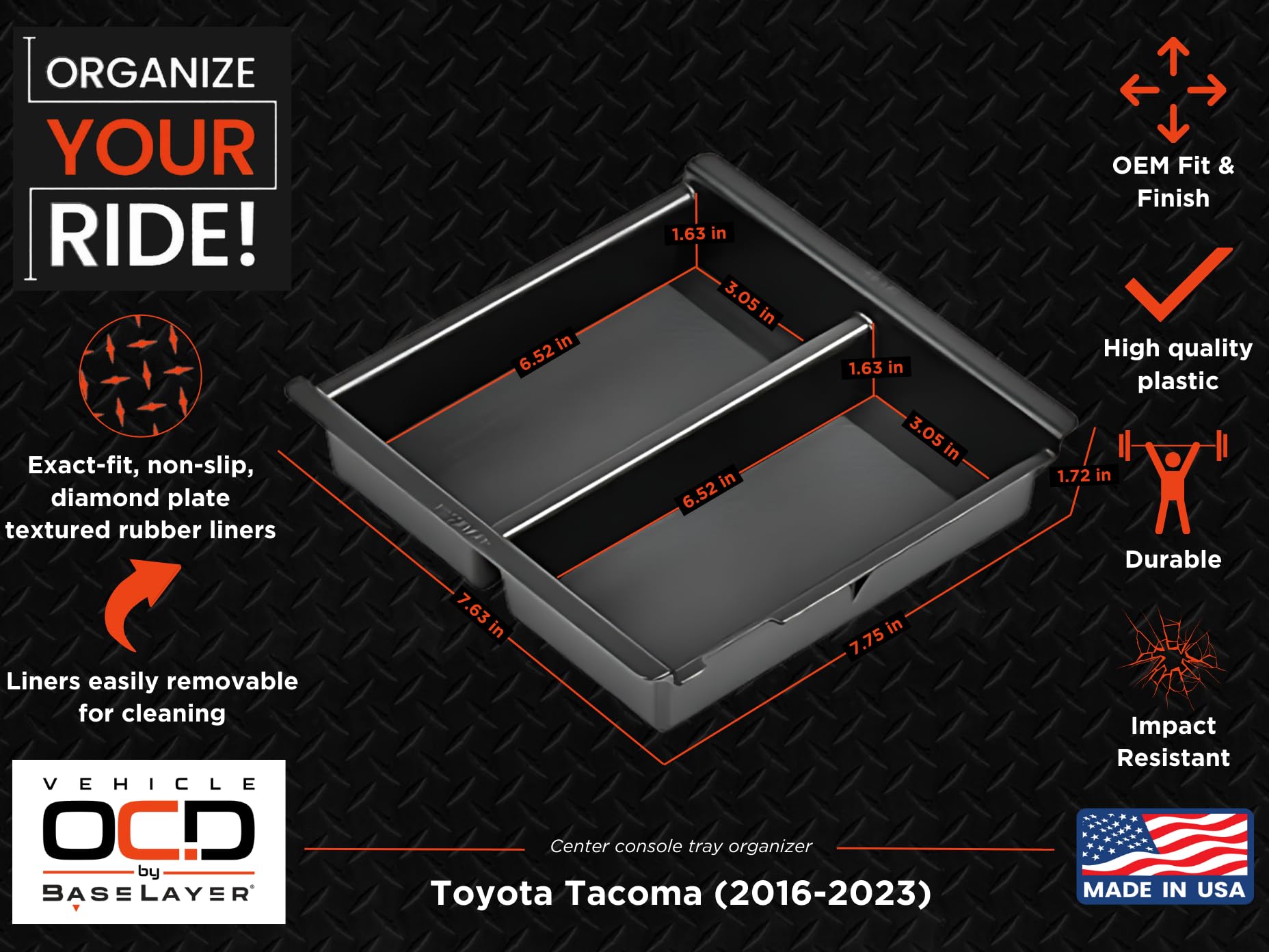 Vehicle Ocd - Center Console Divider, Tray, And Glove Box Organizer For Toyota Tacoma (2016-2023) - Made In Usa - Slx501
