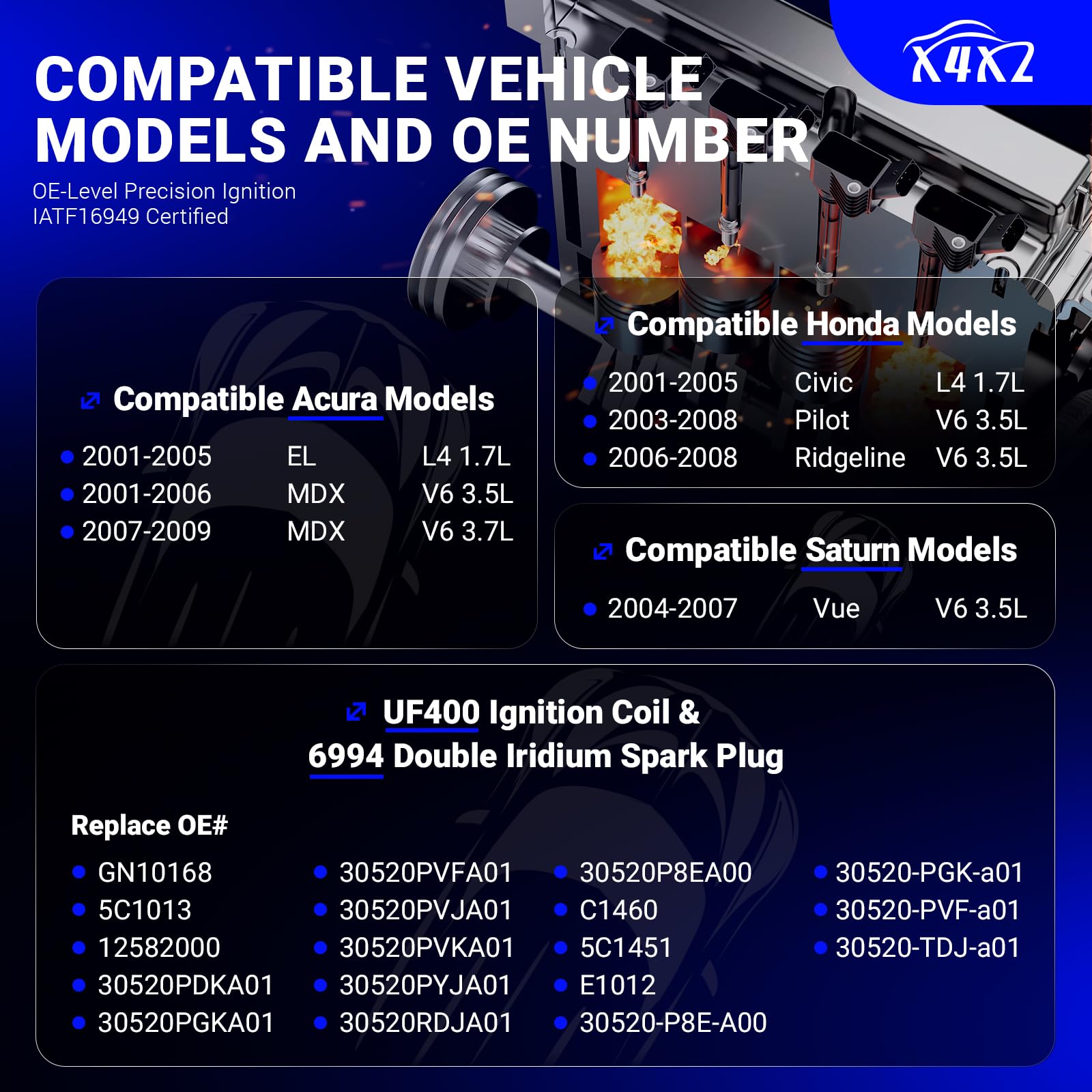 Uf400 Ignition Coil & 9807B-5517W Double Iridium Spark Plug 6Pcs For Acura 01-05 El, 01-09 Mdx/Honda 01-05 Civic, 03-08 Pilot, 0