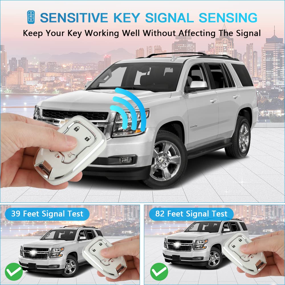 1797 Key Fob Cover For Chevy Chevrolet Tahoe Suburban Gmc Yukon Accessories Bling Car Remote Key Chain Case Shell Protector 6 Button Women Men White Silver Tpu