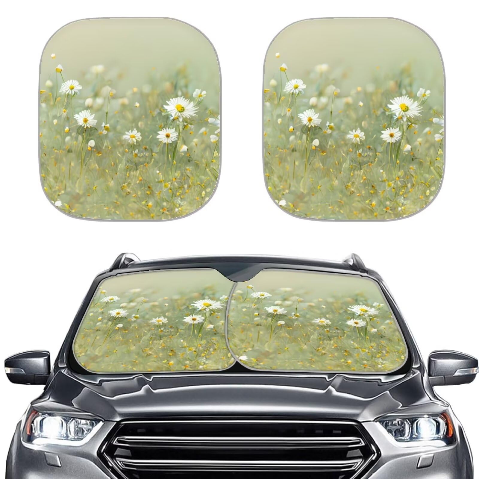 Babrukda White Daisy Elegant Printed Summer Windshield Sun Shade 2 Pieces Foldable Car Front Sunshade for Most Sedans SUV Truck 