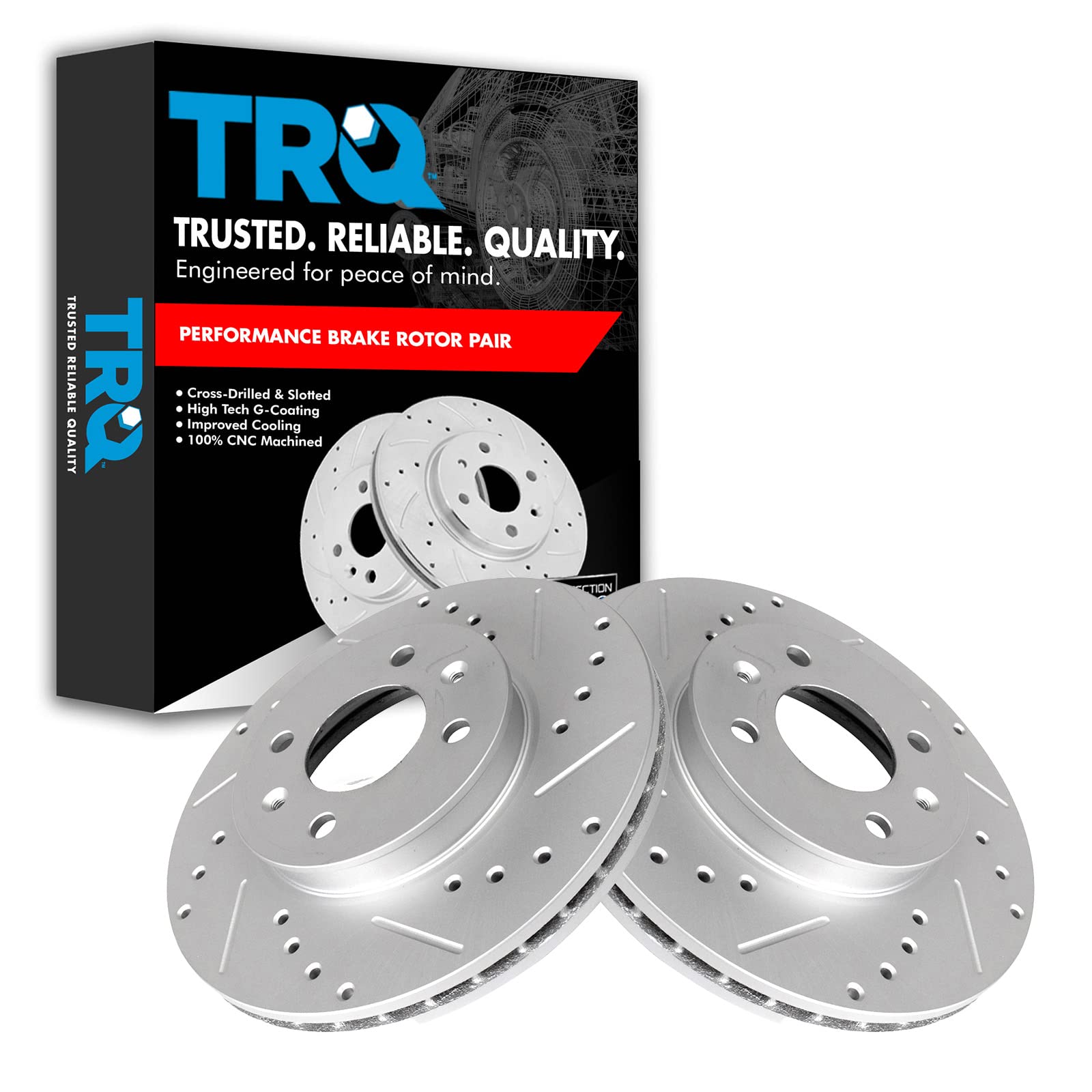 Trq Front Performance Brake Rotors Set Premium G-Coated Cross Drilled & Slotted Compatible With 2006-2011 Hyundai Accent Kia Rio