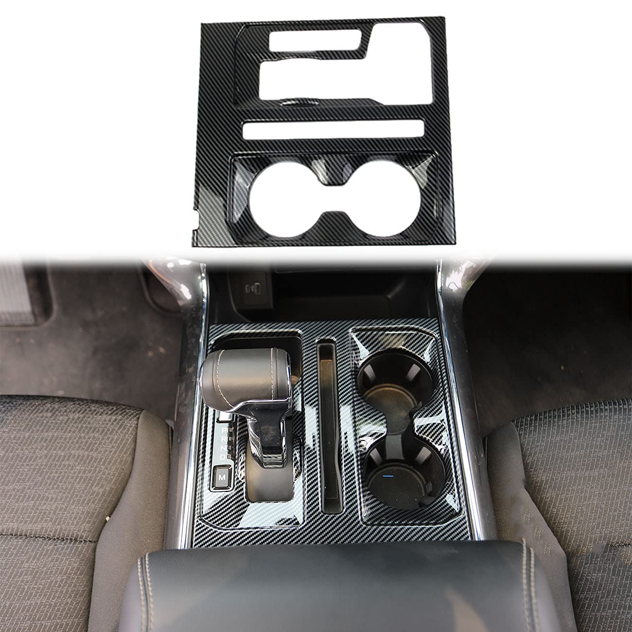 Korlot Carbon Fiber Central Control Gear Cup Holder Panel Shift Knob Head Cover Trim for Ford F150 2021+ (Gear Shift Panel)