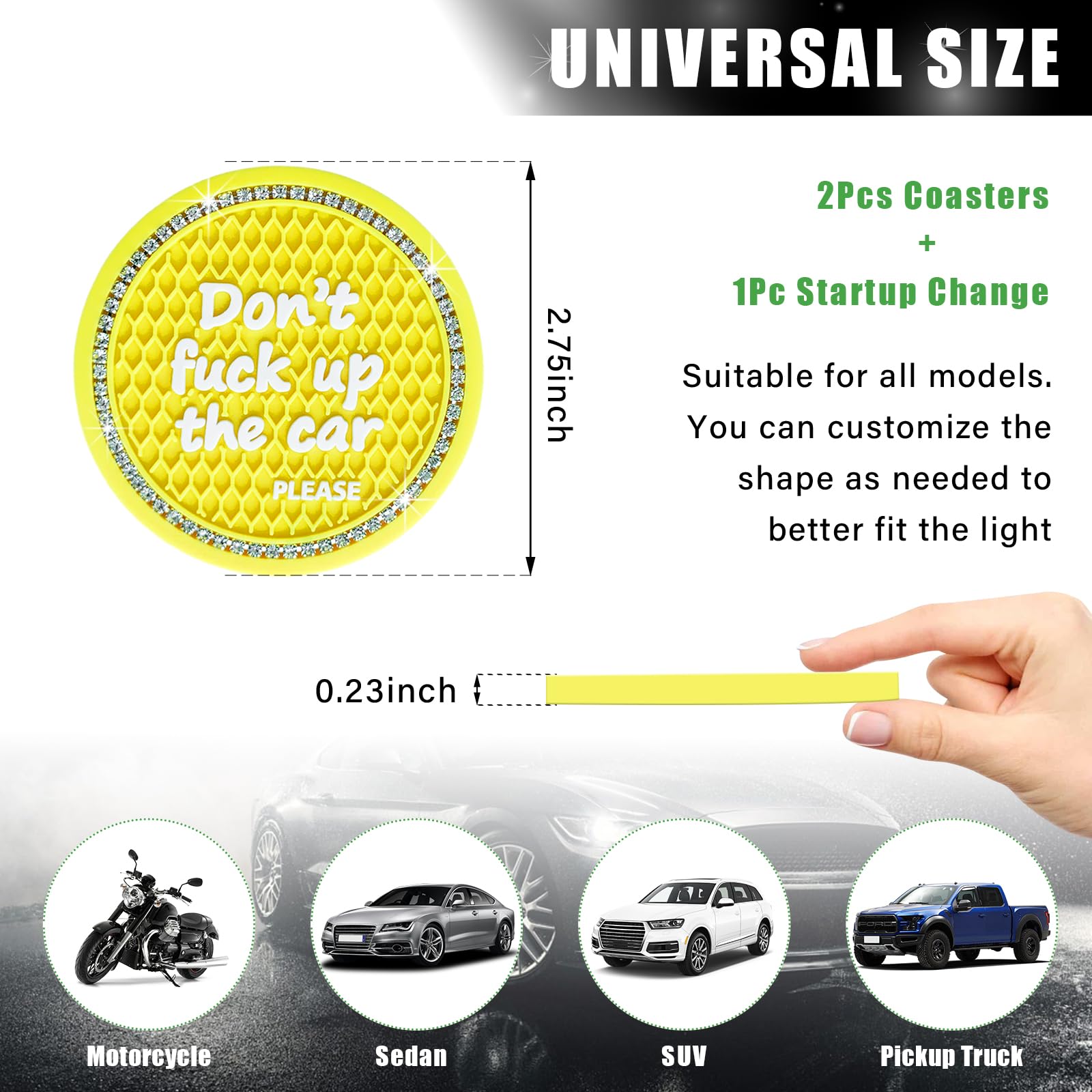 Ziciner 2 Pack Bling Car Cup Holder Coaster, 2.75 Inch Anti-Slip Auto Insert Coaster, Crystal Car Drink Mat Perfect For Women Gi