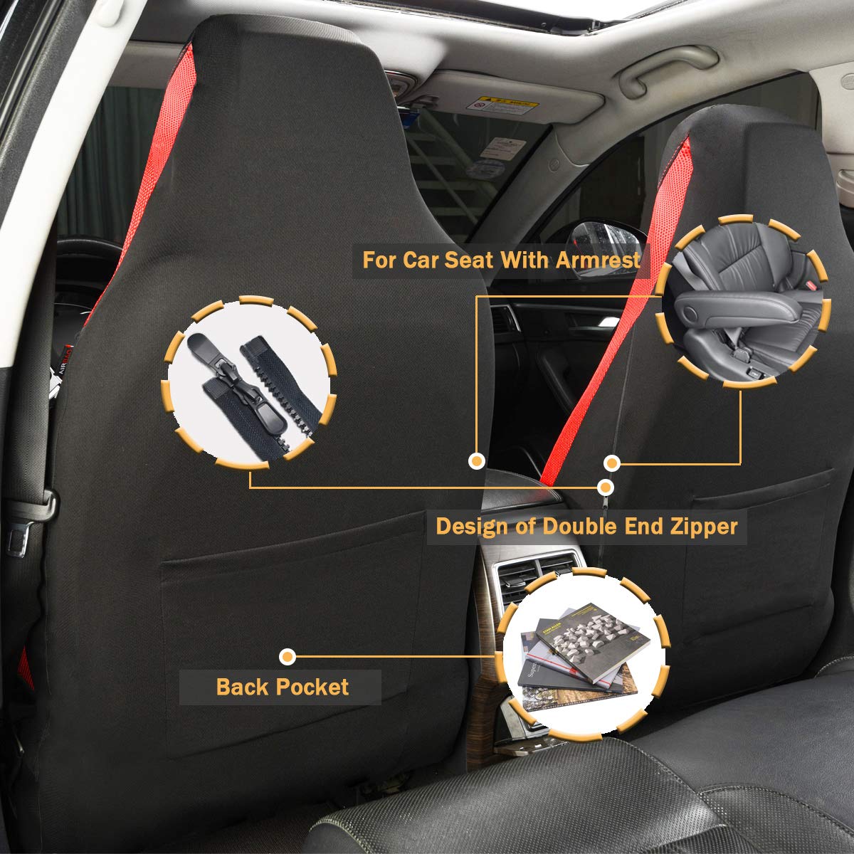 Flying Banner Car Seat Covers Quality Carbon Fiber Faux Leather Mesh Fabric Sport Low High Back Bucket Back Pocket Arm Rest Car Suv Truck Pick Up (2 Fronts - High Bucket, Red)