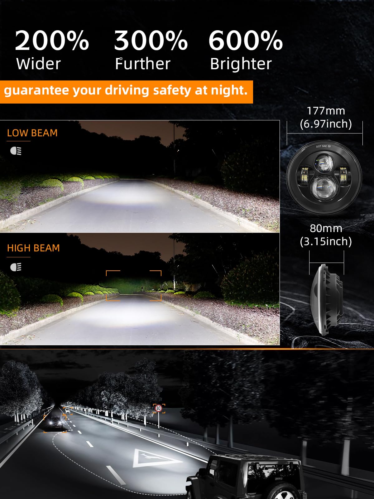 Uni-Shine 2Pcs Projector 7 Inch Led Headlights Hi/Lo Beam Dot Approved 7 Round Headlight H6024 Led Headlight Compatible With Jee