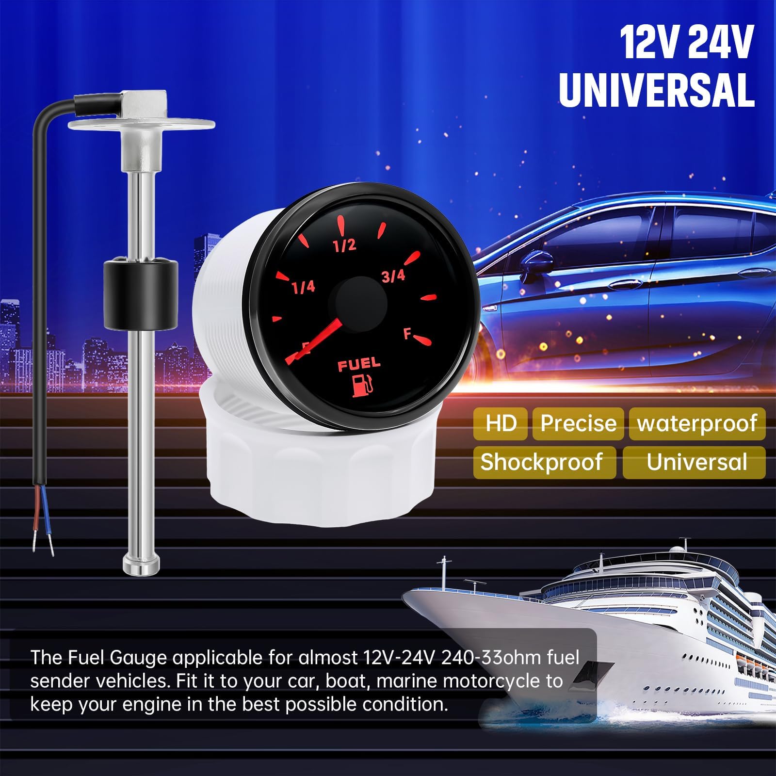 ARTILAURA Fuel Sending Unit and Gauge Kit, 240-33ohms 11'' (275mm) Boat Marine Fuel Tank Sender Stainless Steel Gas Sensor for C