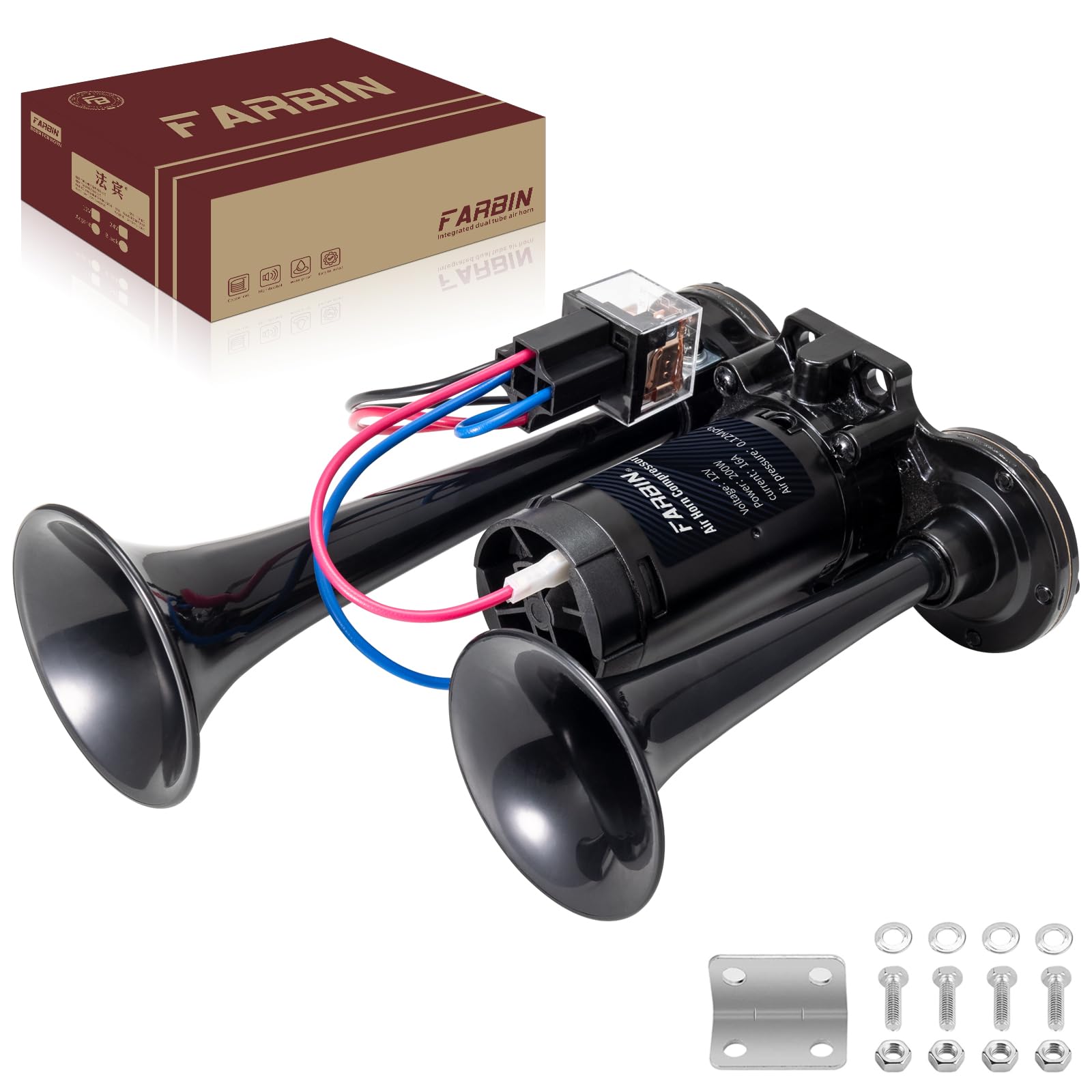 Farbin Black Air Horn For Truck Train Horn For Car Loud Car Horn Truck Horn With Compressor 12V Airhorns Horn Loud Dual Trumpet