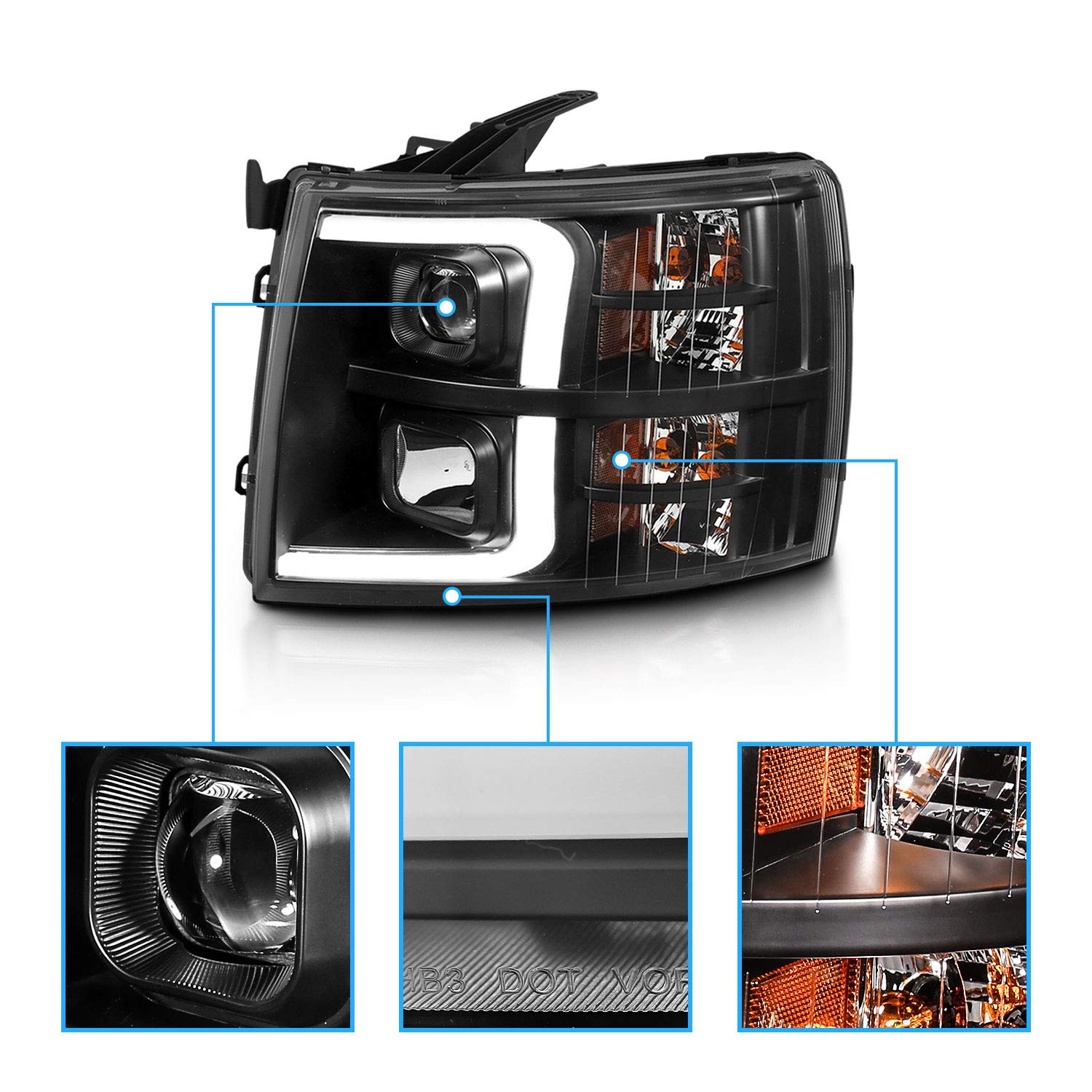 Amerilite For 2007-2013 Chevy Silverado 1500/07-14 2500Hd 3500Hd Led, Halogen, Tube Quad Projector Car Headlights Assembly Set -