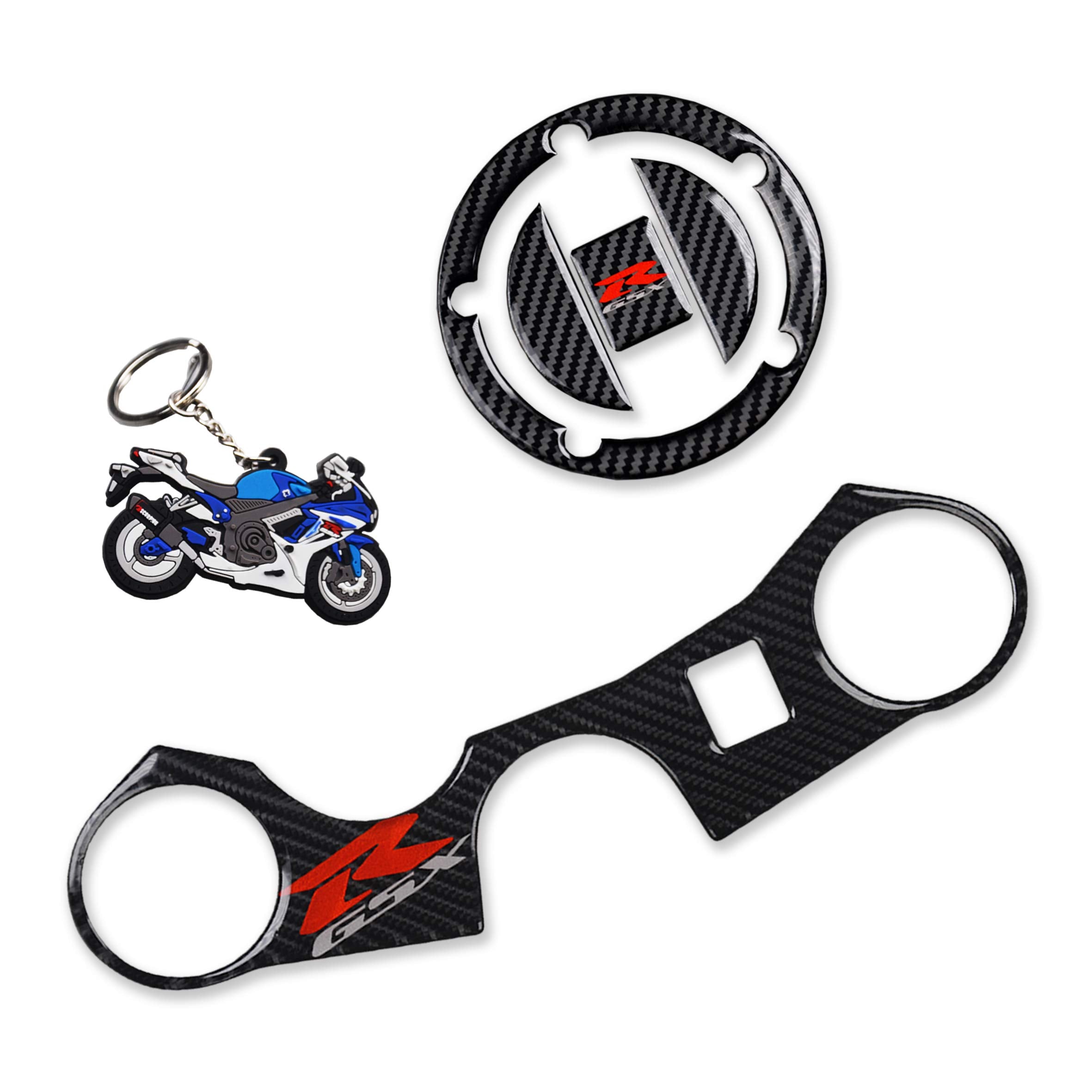Revsostar Real Carbon Look Gas Cap, Fuel Cap, Keychain And Triple Tree Front End Upper Top Clamp, Decal Stickers For Gsxr 600 Gs