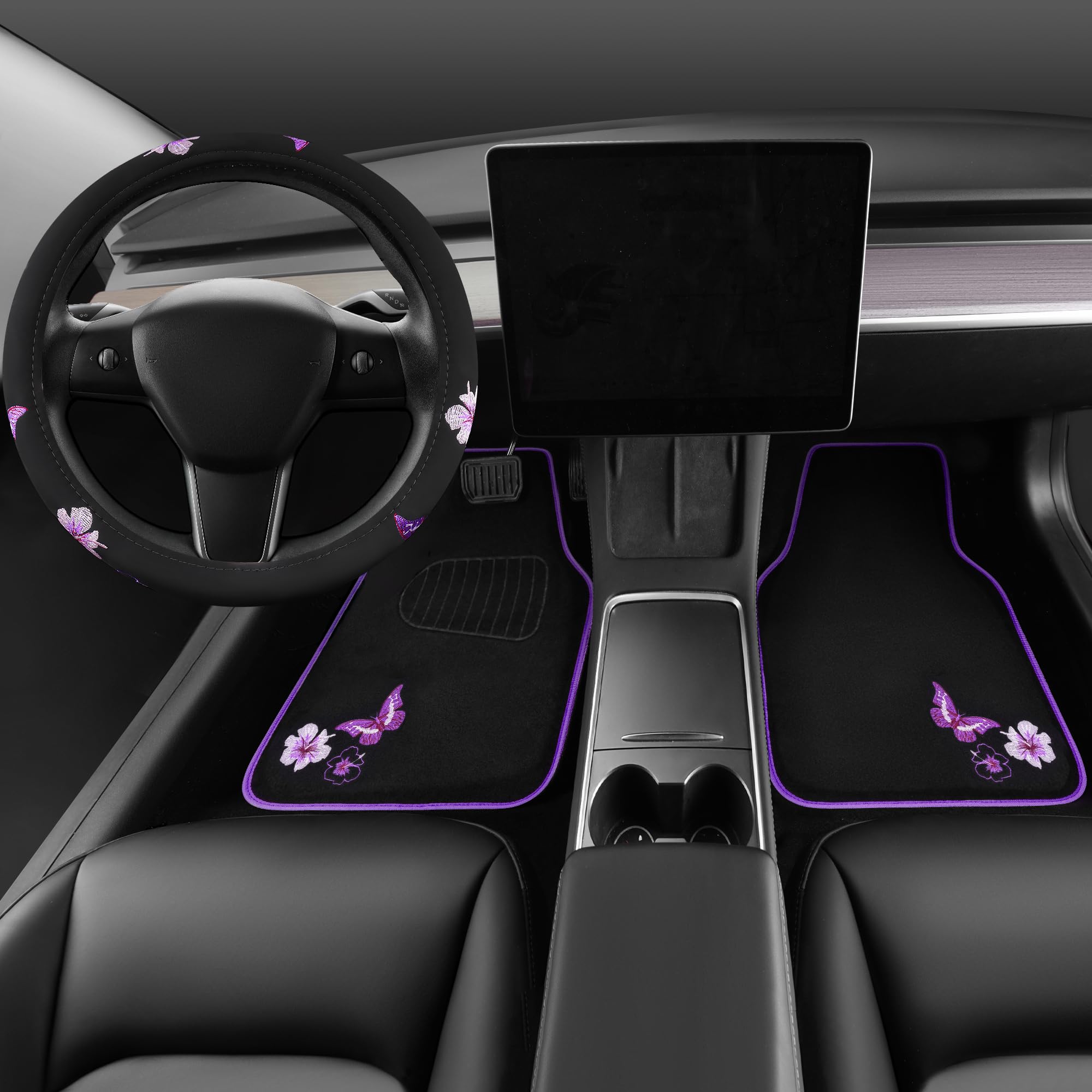 Car Pass Butterfly Steering Wheel Cover And Waterproof Car Floor Mats,Purple Car Mats 14.5-15Inch Steering Wheel Covers Universa