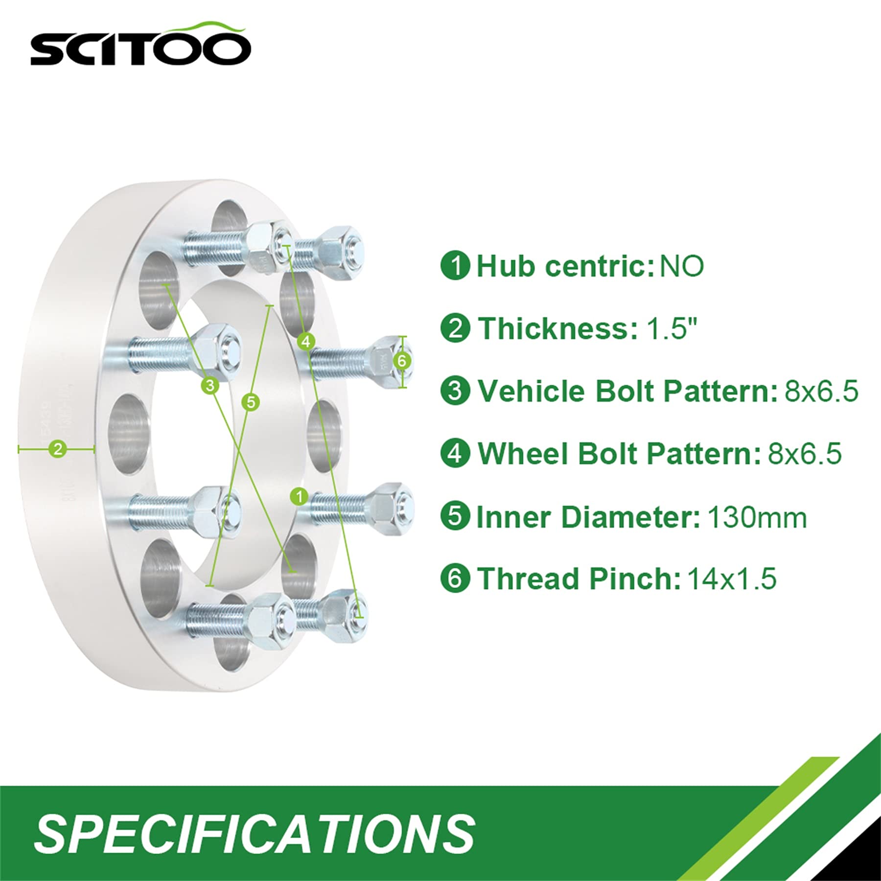 Scitoo 4Pcs 1.5 Inch 8 Lug 8X6.5 Wheel Spacers 8X165.1Mm Center Bore 130Mm Studs 14X1.5 Studs Wheel Spacers Compatible With 2001-2010 For Sierra Hd 2500 1999-2010 For Sierra 3500