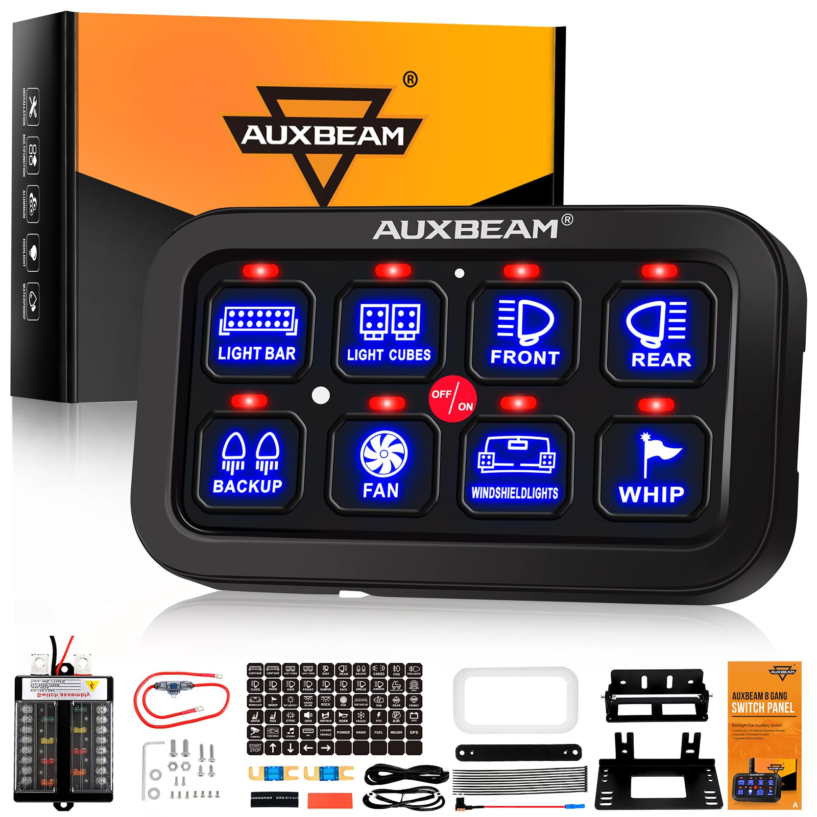 Auxbeam 8 Gang Switch Panel Bb80, Universal Circuit Control Relay System Box With Automatic Dimmable On-Off Led Switch Pod Touch