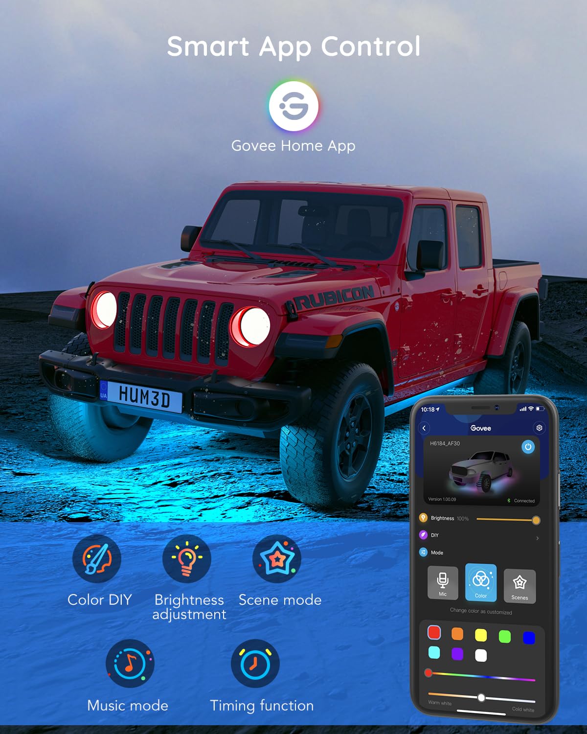 Govee Underglow Car Lights, 4 Pcs Rgbic Smart Led Lights With 16 Million Colors And 10 Scene Modes With App Control, 2 Music Modes For Cars, Suvs, Trucks, Dc 12-24V