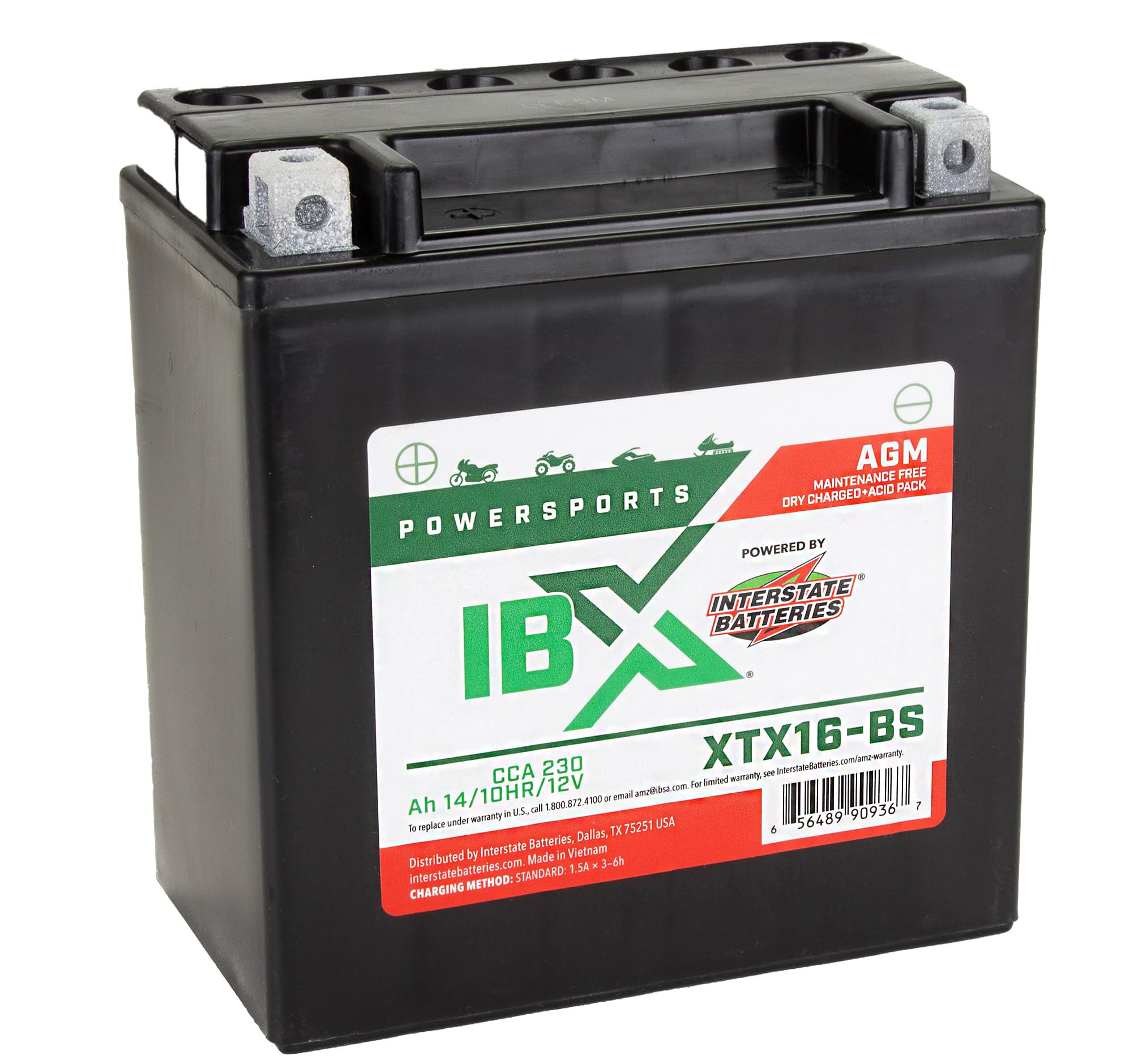Interstate Batteries Ytx16-Bs 12V 14Ah Powersports Battery 230Cca Agm Rechargeable Replacement For Atvs, Motorcycles, Scooters (