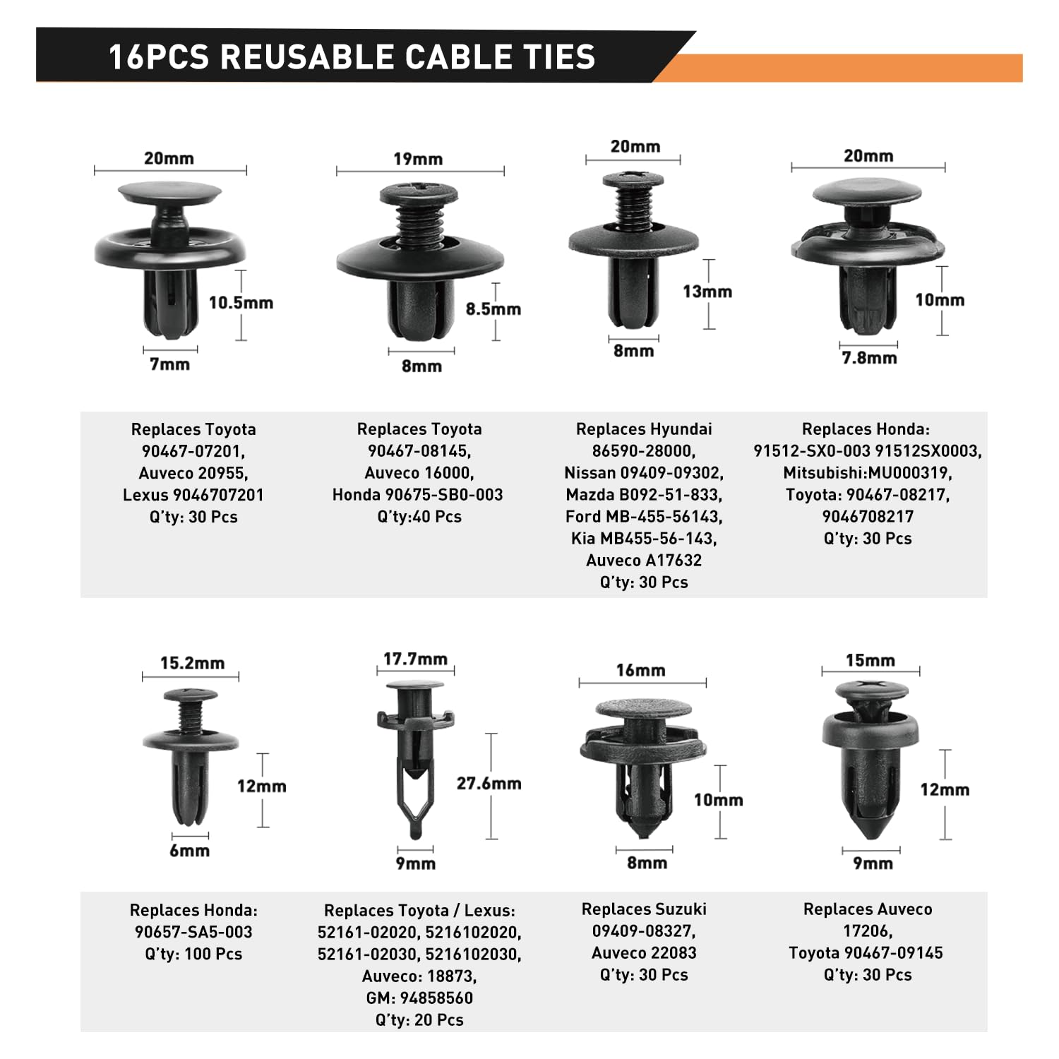 Gooacc 855Pcs Car Push Retainer Clips & Auto Fasteners Assortment -16 Most Popular Sizes Nylon Bumper Fender Rivets With Cable T