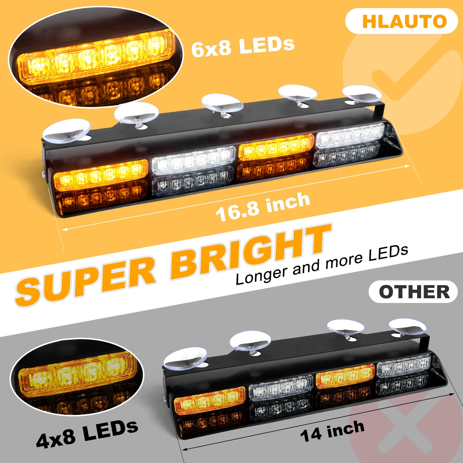 Hlauto 6Z4J Emergency Dash Strobe Lights: 2X16.8 Inch Amber White Safety Lights, 48 Led Flashing Warning Hazard Interior Windshi
