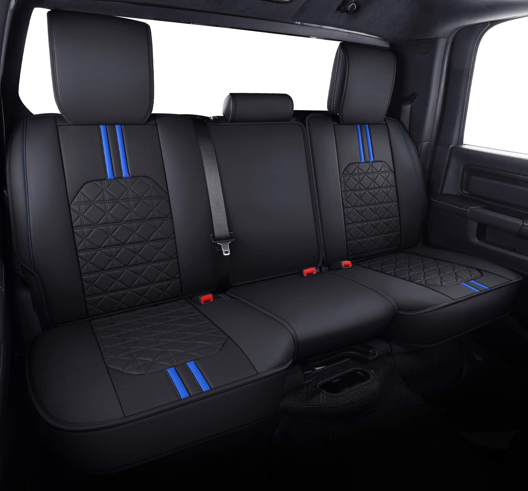 Yiertai For Dodge Ram Seat Covers Fit 2009-2025 1500Hd 2010-2025 2500/3500Hd Crew Double Quad Rebel Cab Laramie Big Long Horn Rebel Tradesman Leather Seat Covers(5 Pcs Full Set/Black-Blue)