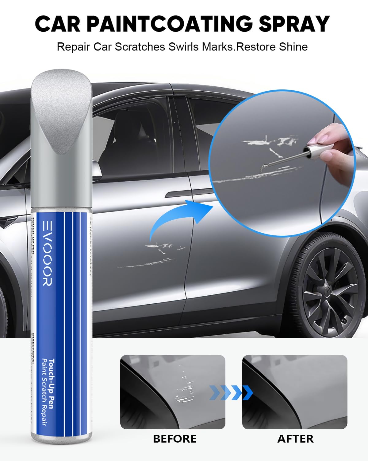 Evooor Touch Up Paint For Tesla - Diy Scratches Repair With Color-Matched For Model 3/Y/S/X (Lunar Silver(Neu-296E))
