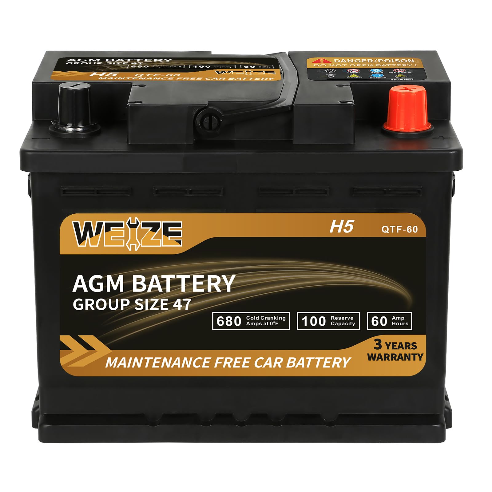 Weize Platinum Agm Battery Bci Group 47-12V 60Ah H5 Size 47 Automotive Battery, 100Rc, 680Cca, 36 Months Warranty