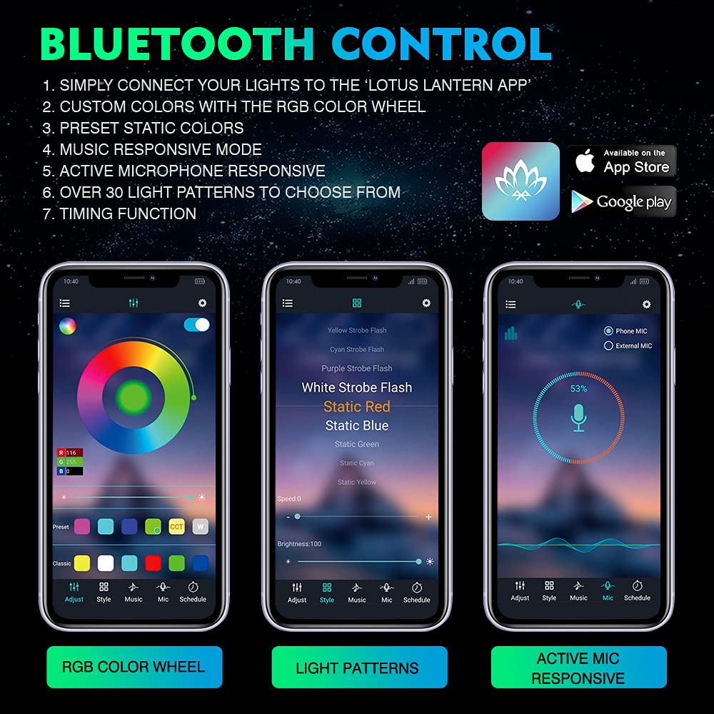 Xprite Rgb Bluetooth Rock Lights Kit, Multicolor Neon Lighting Cars Underglow Footwell Wheel Well Light Pods, W/Rf Remote Contro