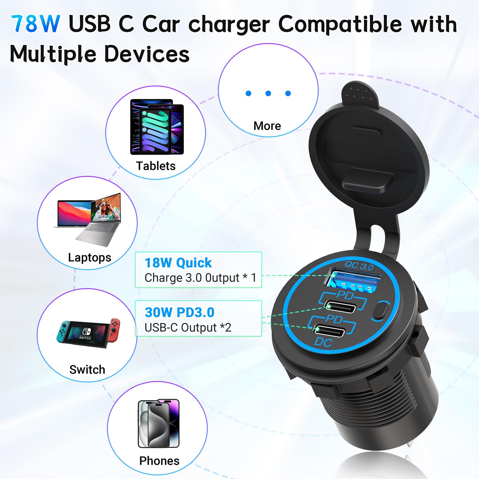 Cigarette Lighter Socket Qidoe 12V Splitter Panel 78W 12V Usb Outlet Dual Usb C Pd&Qc3.0 Car Charger Socket On/Off Switch Waterp