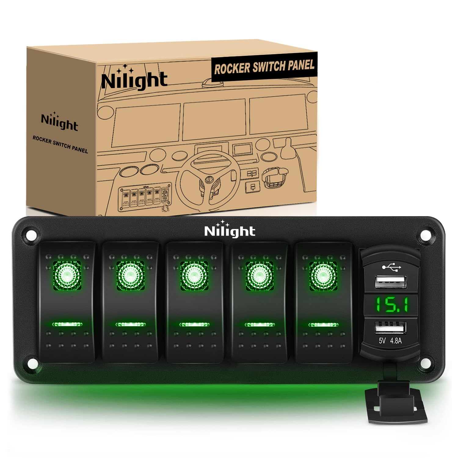 Nilight 5 Gang Rocker Switch Panel Green Backlit With 4.8 Amp Dual Usb Charger Voltmeter Waterproof 12V 24V Dc Night Glow Sticke
