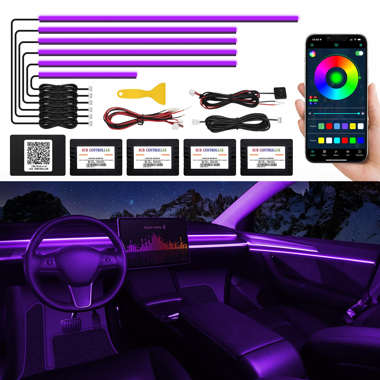 Acrylic Interior Car Led Strip Light With Wireless App, Rgb 6 In 1 With 175 Inches 593 Leds Fiber Optic Ambient Lighting Kits, 1