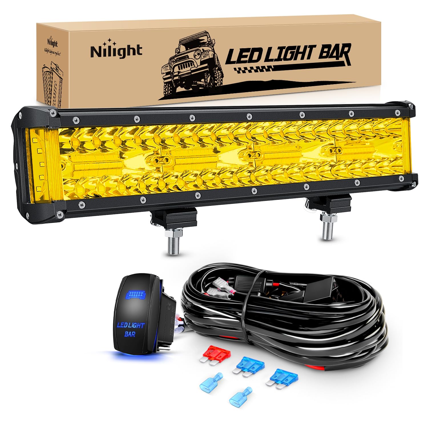 Nilight Side Shooter Light Bar 12Inch Triple Row Spot Flood Combo Yellow Beam Work Lights With 5Pin Rocker Switch Wiring Harness